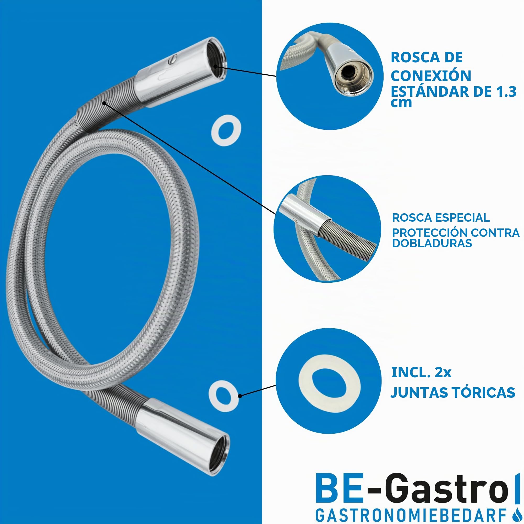 BE-GASTRO I - Industrial Hostelería Manguera de ducha profesional (120 cm, con protección especial contra torceduras, 1/2", estándar AG, repuesto para alcachofa de plato/gastronomía, 1200 mm)