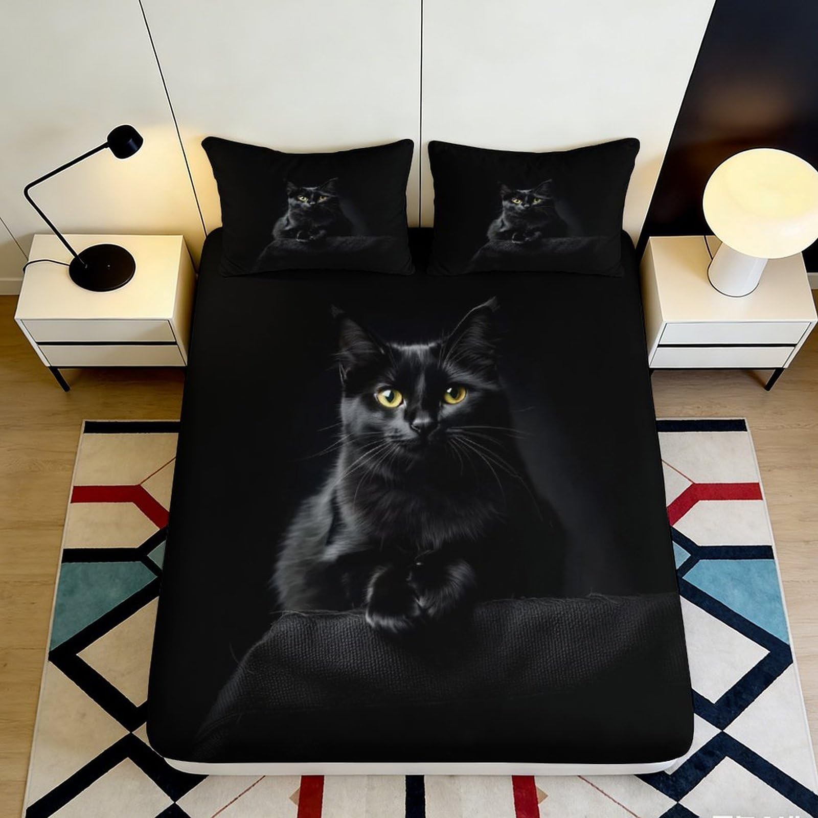 3D Printed Black Cat Fitted Sheet Microfiber Soft Durable Yellow Eyes Bed Cover for Bedroom Dormitory Guest Room Mattress Protection 160x200x25cm