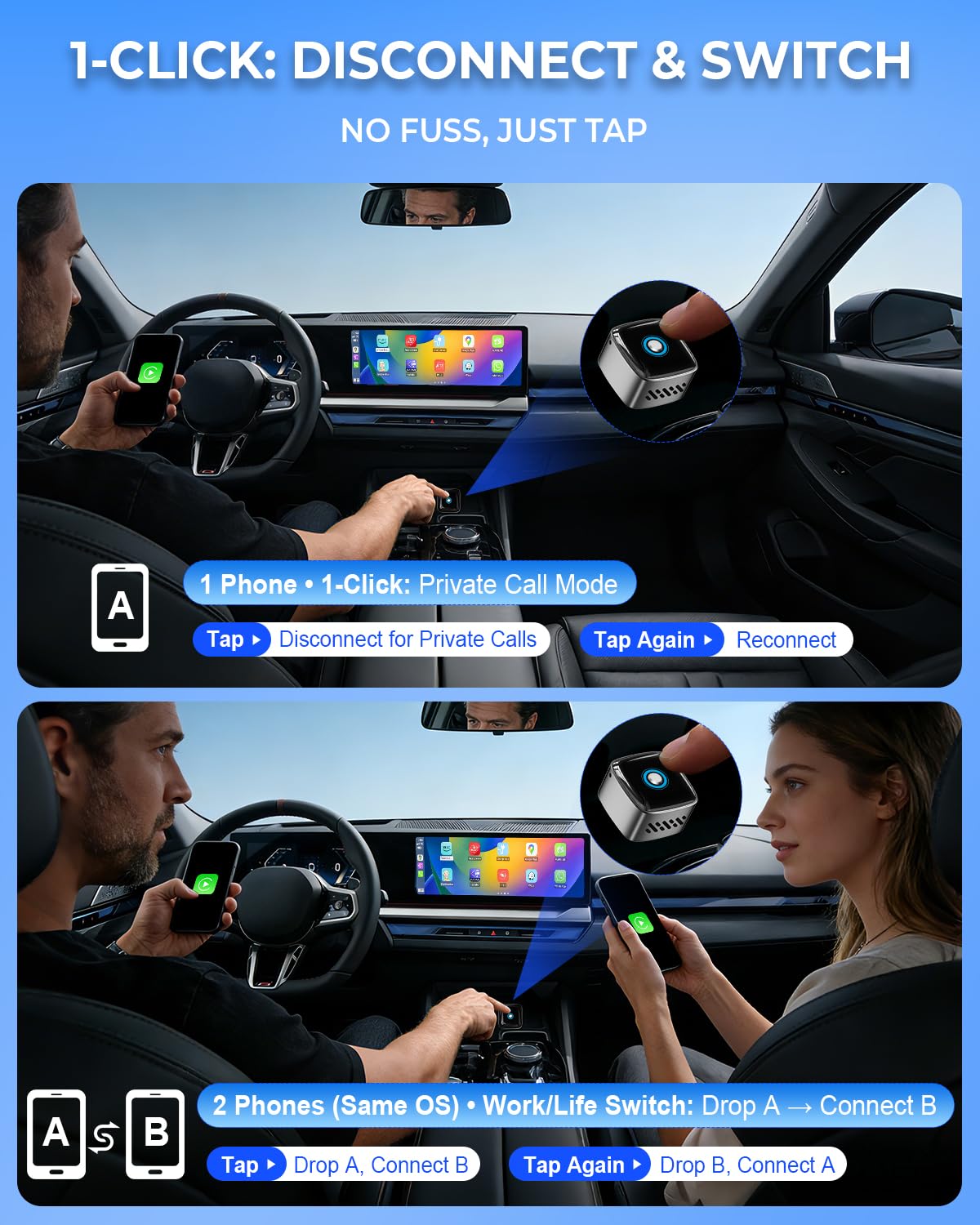 Wireless CarPlay Adapter & Android Auto Wireless Adapter,2-in-1 Plug & Play Fast Connect,Low Latency Mini Dongle, 1-Click Switch, Ultra-Stable & Compact for Apple iOS 10+ /Android 11+ /2016+ Cars - 2