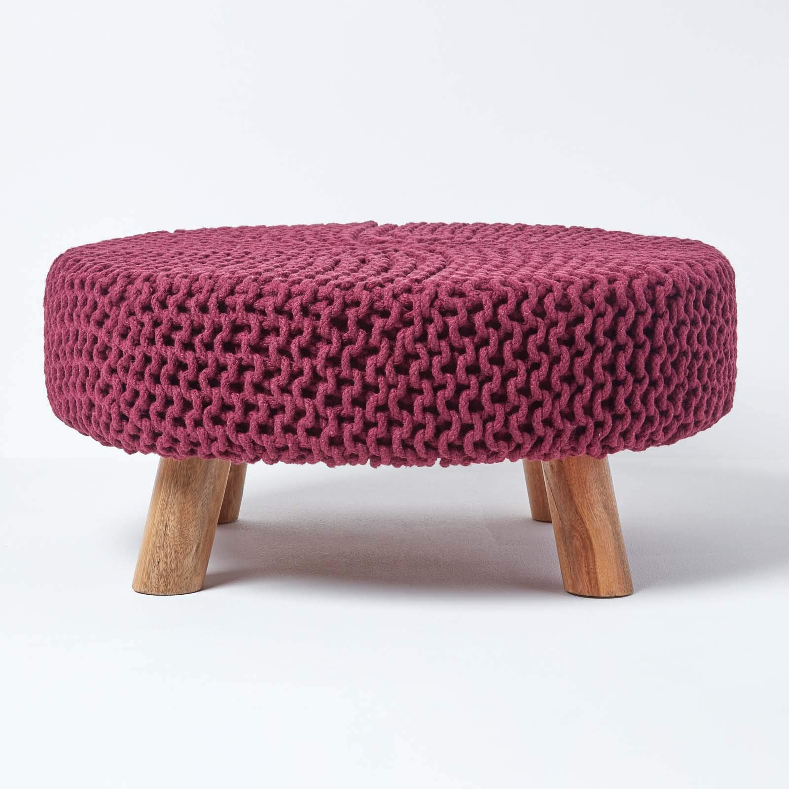 Homescapes Unisex Plum Large Round Cotton Knitted Footstool On Legs In