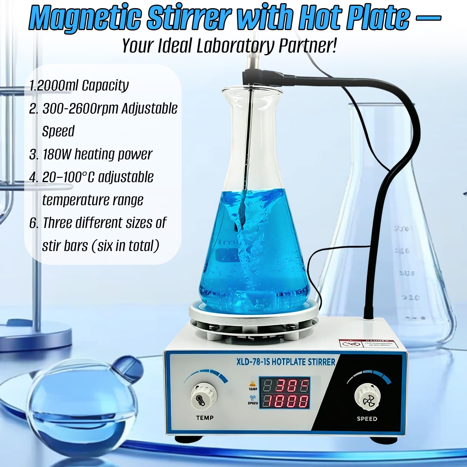 Agitatore magnetico riscaldato con piastra di riscaldamento, incl. 6 barre di miscelazione, 300-2600 giri/min, 20-100℃, potenza di riscaldamento 180 W, adatto a vari laboratori
