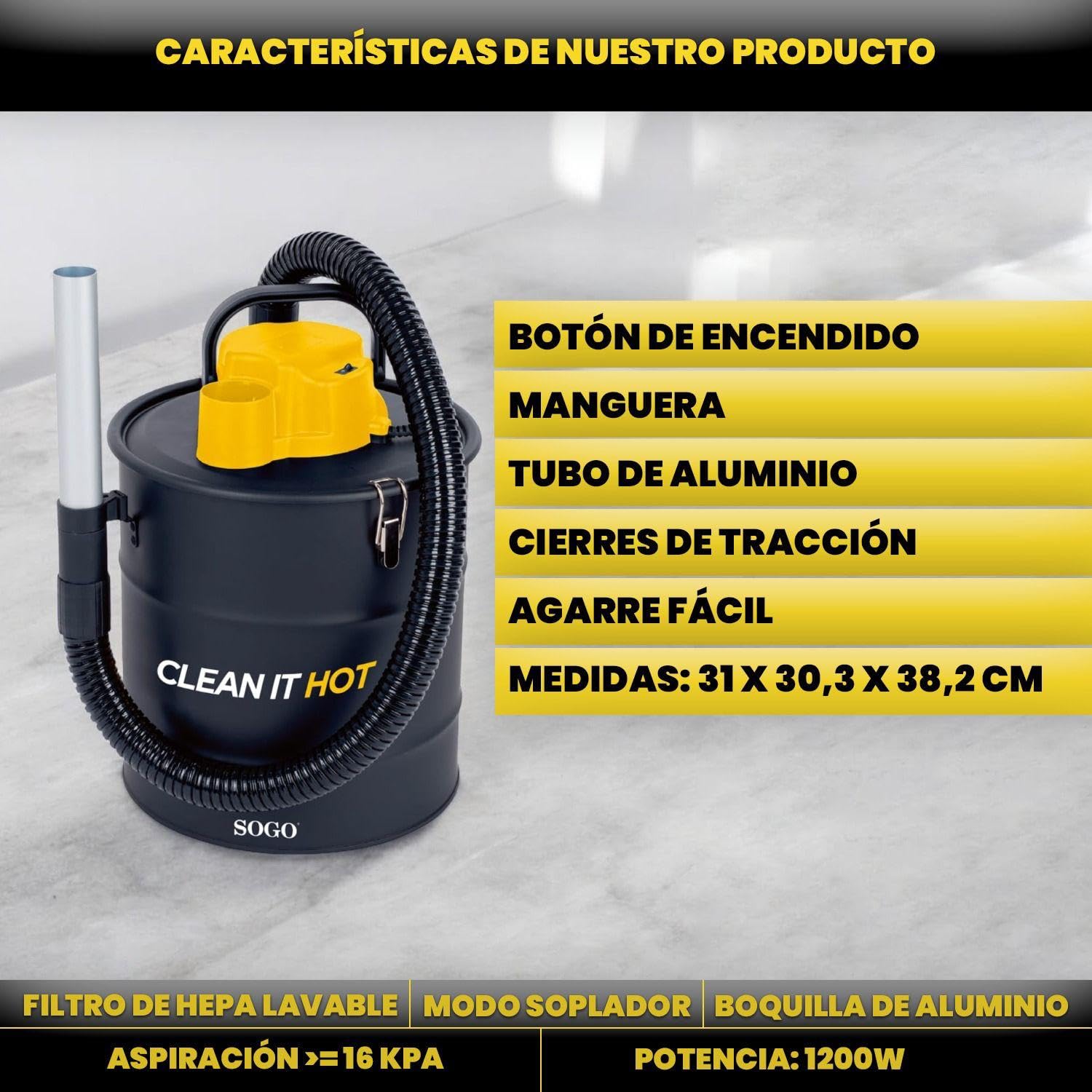 SOGO Aspirador de Cenizas con Función Soplador de 1200W de Potencia y Succión ≥16Kpa - Aspiradora de Cenizas con Filtro Lavable y Manguera Resistente al Calor - Aspirador Cenizas Pellet y Chimenea