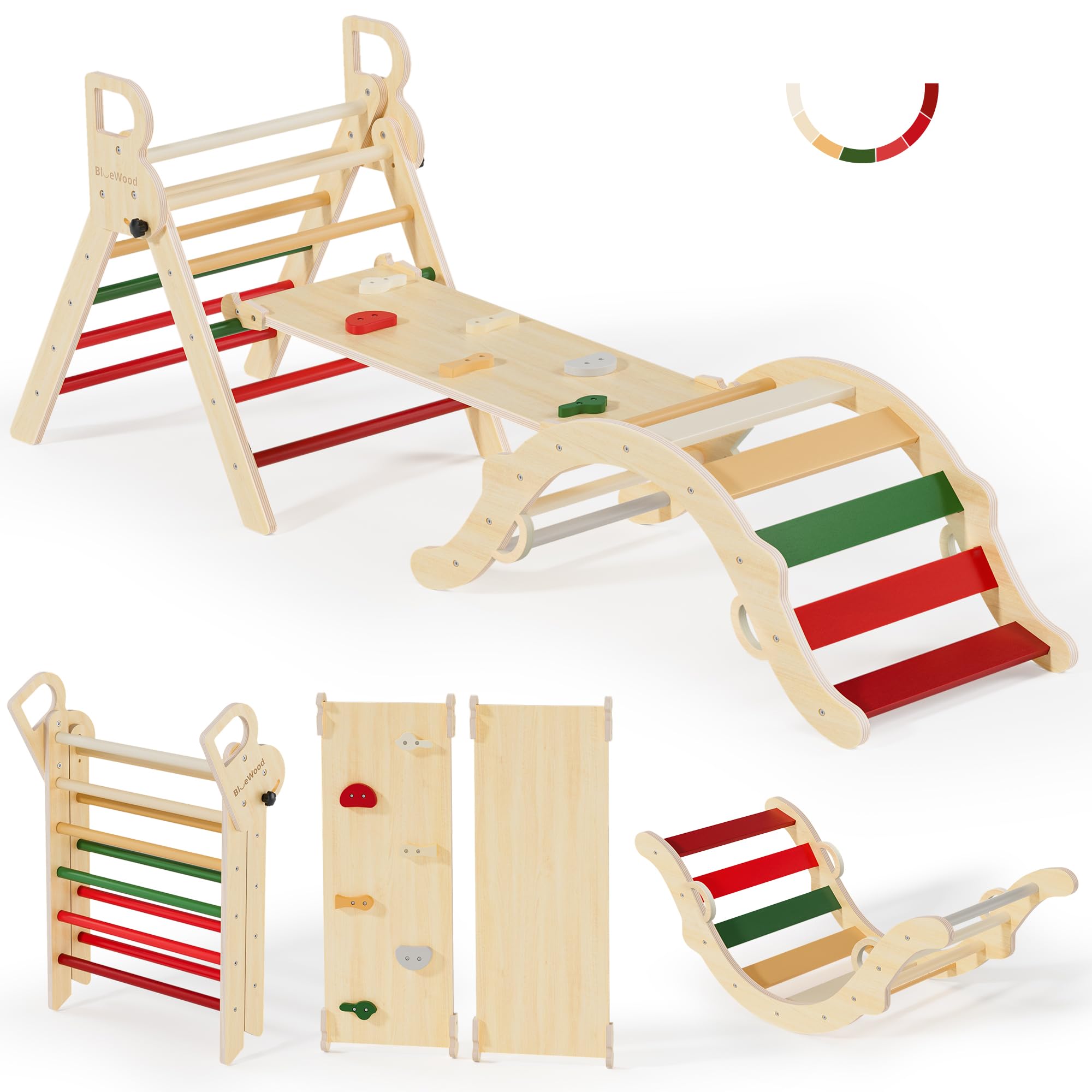BlueWoodPikler Triangle Set, Toddler Wooden Climbing Toys Indoor 7in1 Foldable Climber for Kids, Montessori Philosophy Play Jungle Gym with Arch, Ramp, Ladder (Warm Winter Christmas)The Forest Stewardship Council