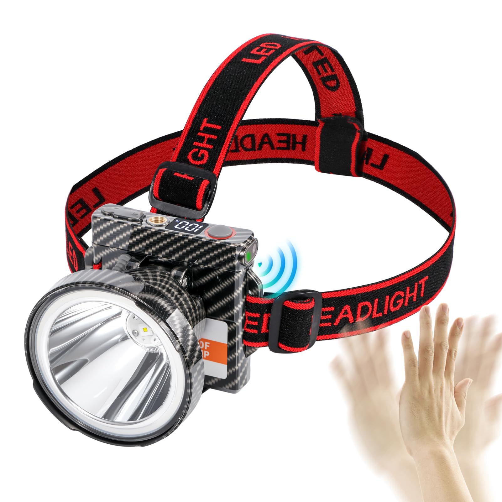 YK-681 Lampe frontale LED ultra fine avec détecteur de mouvement, batterie polymère 5000 mAh, 4 modes avec affichage du niveau de batterie, étanche IP65, parfaite pour le camping, la randonnée, la