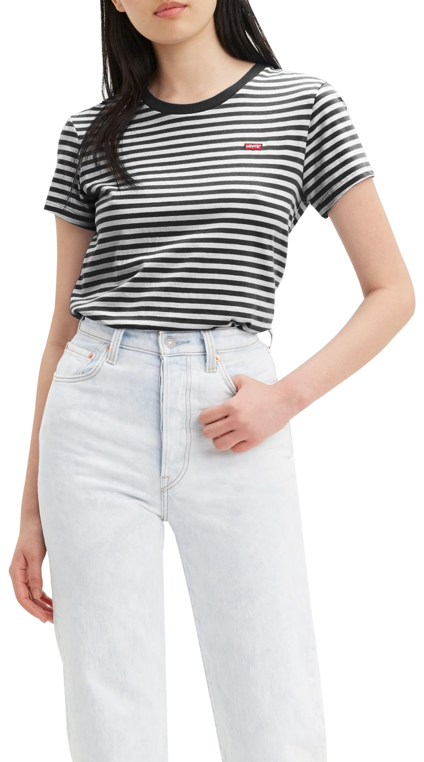 Levi's Women's The Perfect Tee- Striped Chesthit Logo T-Shirt, Raita Stripe Caviar, S