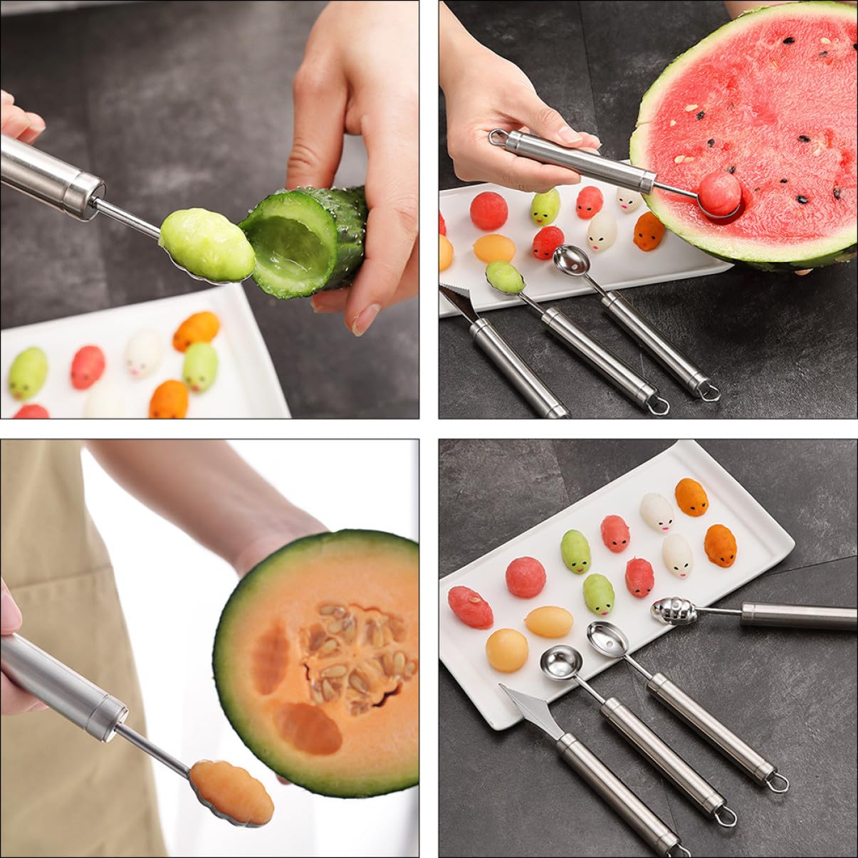 4 Stück Obstausstecher aus Edelstahl für Melonen, Silber | Kugellöffel für Obst, 304 Stück Edelstahl, Angenehmer Griff, Einfache Handhabung, für Küche und Dessert