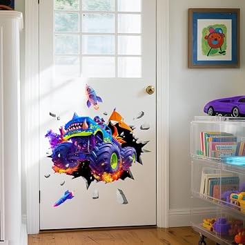 Monster Truck Wall Decals for Boys, 3D Racing Car Break Through The Wall Vinyl Wall Sticker for Kids Bedroom Nursery Playroom Classroom