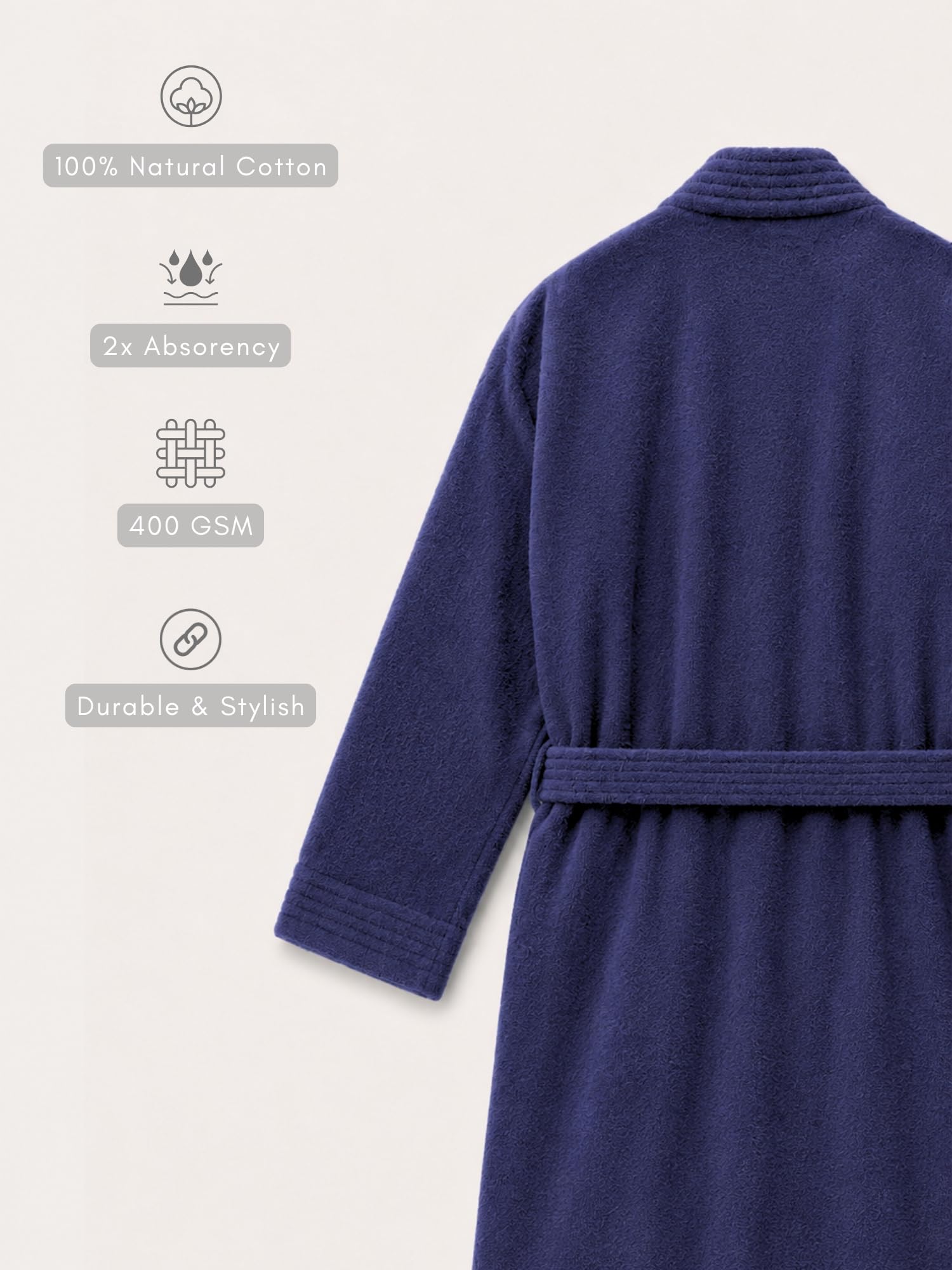RANGOLI Premium Knee-Length 100% Cotton Men Bathrobe in Full Sleeves & 2 Pockets with 400 GSM Fabric for Ultra Soft & 2X Absorbency (Navy Blue-XL) | Noble Collection 4
