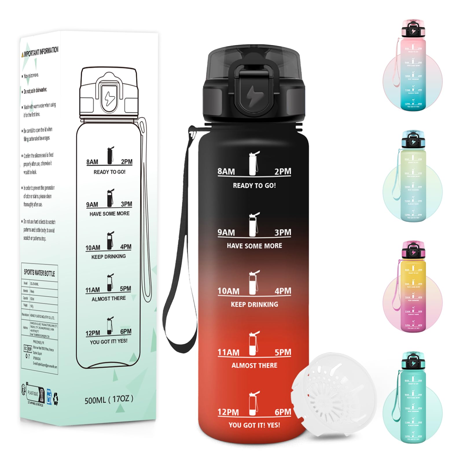 Baramumu Botella Agua, 500 ml Libre de BPA, Botella Agua Niños, Diseño de Cerradura a Prueba de Fugas, cantimplora, Con Marca de Tiempo, Cantimplora Infantil para Escuela, Deportes - &rojo
