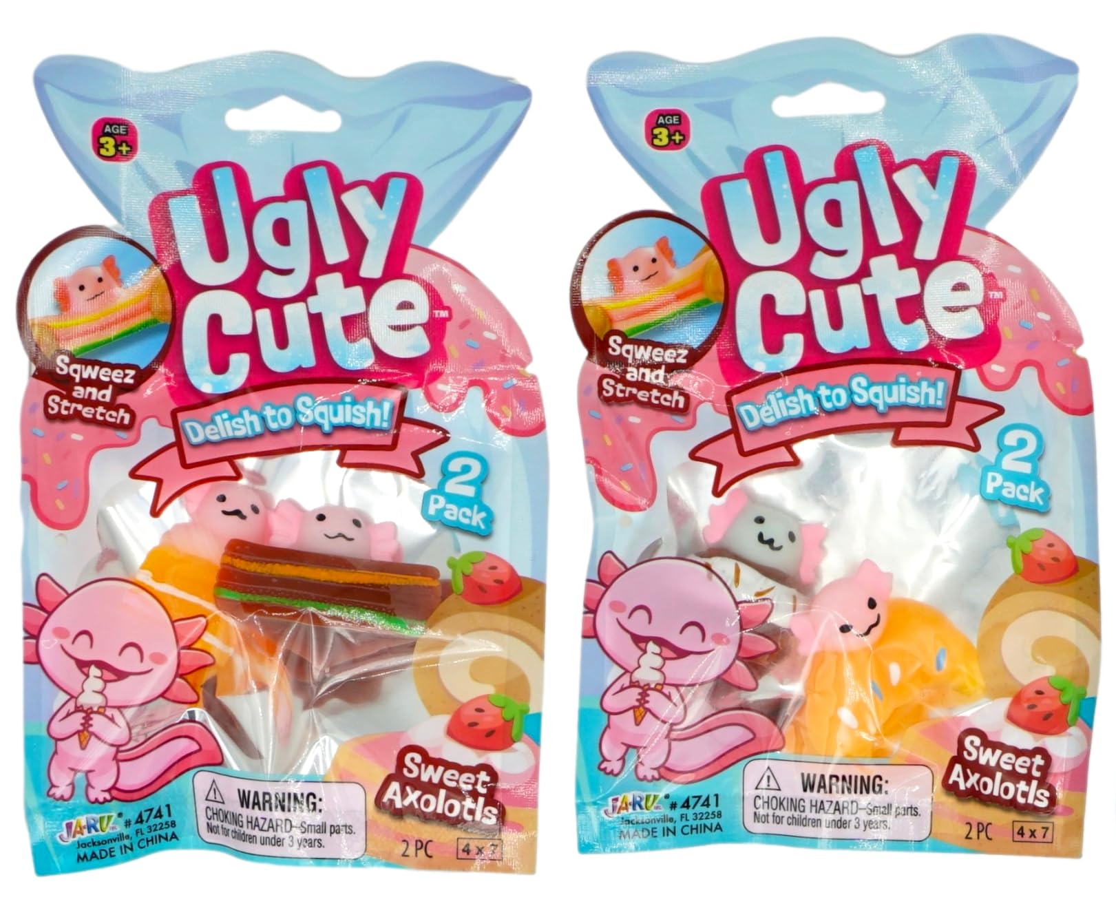JA-RUSweet Axolotl Toys. Ugly Cute Sqweez & Stretch Squishy Animal Foodie Sweets (2 Packs / 4 Units) Kids Party Favors. Squish Fidget Silly Stress Relief Axolotls Sensory Figures. 4741-2s