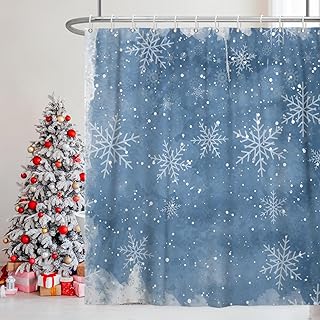 Christmas Shower Curtain for Bathroom 72x72inches Ice Snowflakes Shower Curtain Set with Hooks Winter Snow Flower Waterproof Fabric Shower Curtains