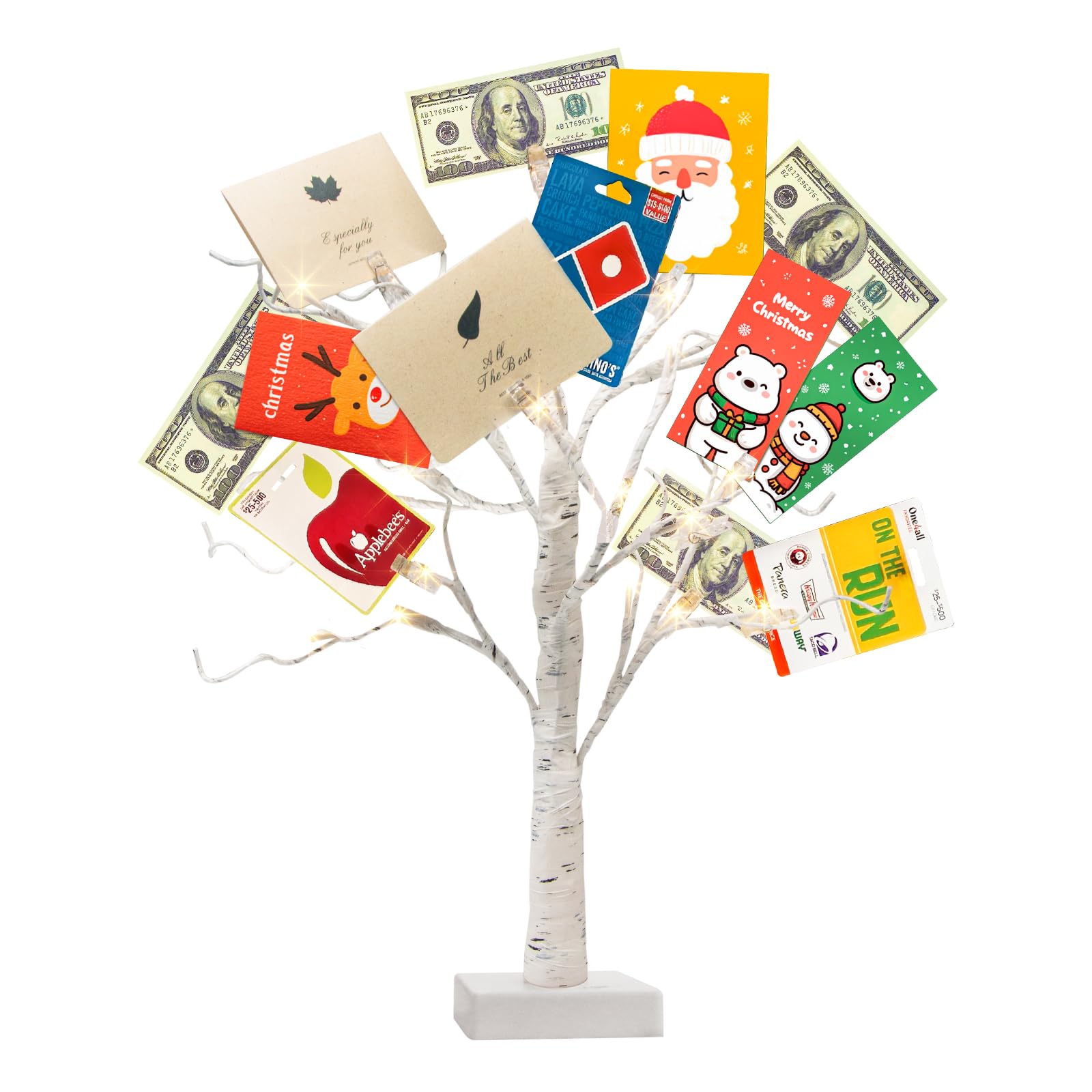 PABIPABI Money Tree Gift Holder, 24 LED Lighted Birch Tree with 12 Clear Clips, Battery/USB Powered Timer Display Tree for Christmas, Memo, Present Card, Photo, Wedding, Birthday Graduation