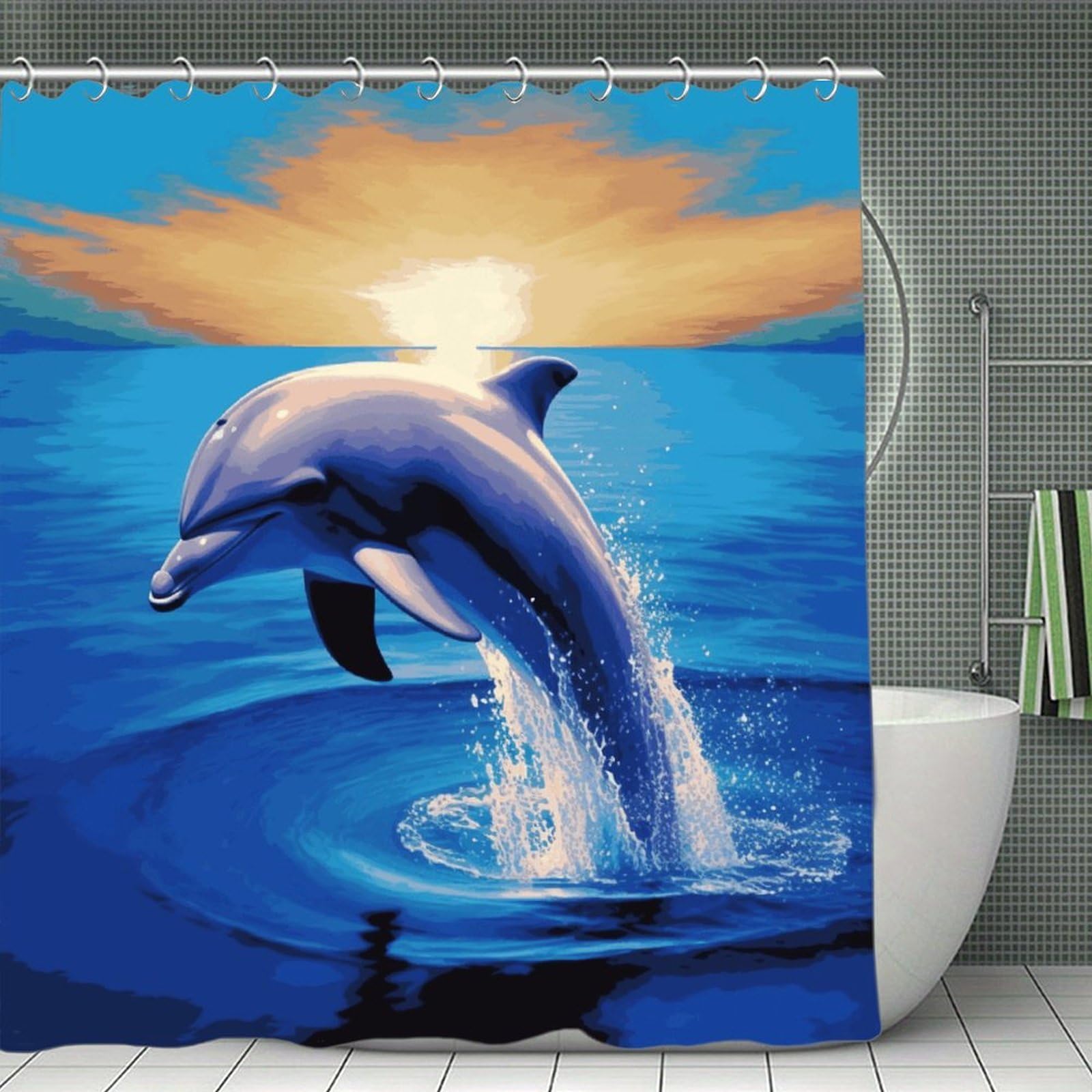 JTREHY Elegant Dolphin Shower Curtain Waterproof Bathroom Shower Curtain Machine Washable Bath Curtains Polyester Cloth Bath Curtains for Bathroom Showers 70.8×70.8Inch