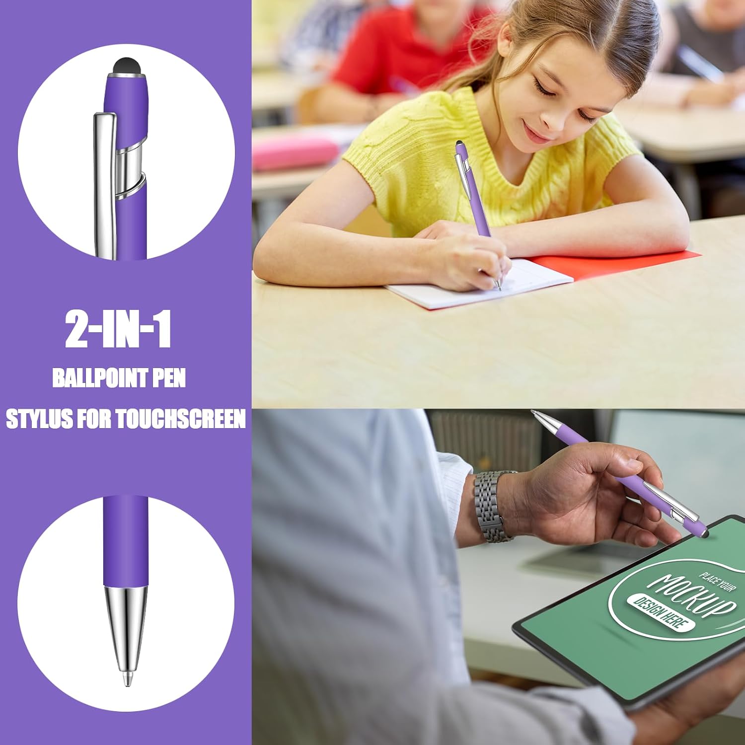 24 Pcs Blue Ink Ballpoint Pen with Stylus Tip 2 in 1 Ballpoint Pen 1.0 mm Blue Ink Metal Stylus Pen for Touch Screens Coworkers, Family, Colleagues, Office (Purple) image 4