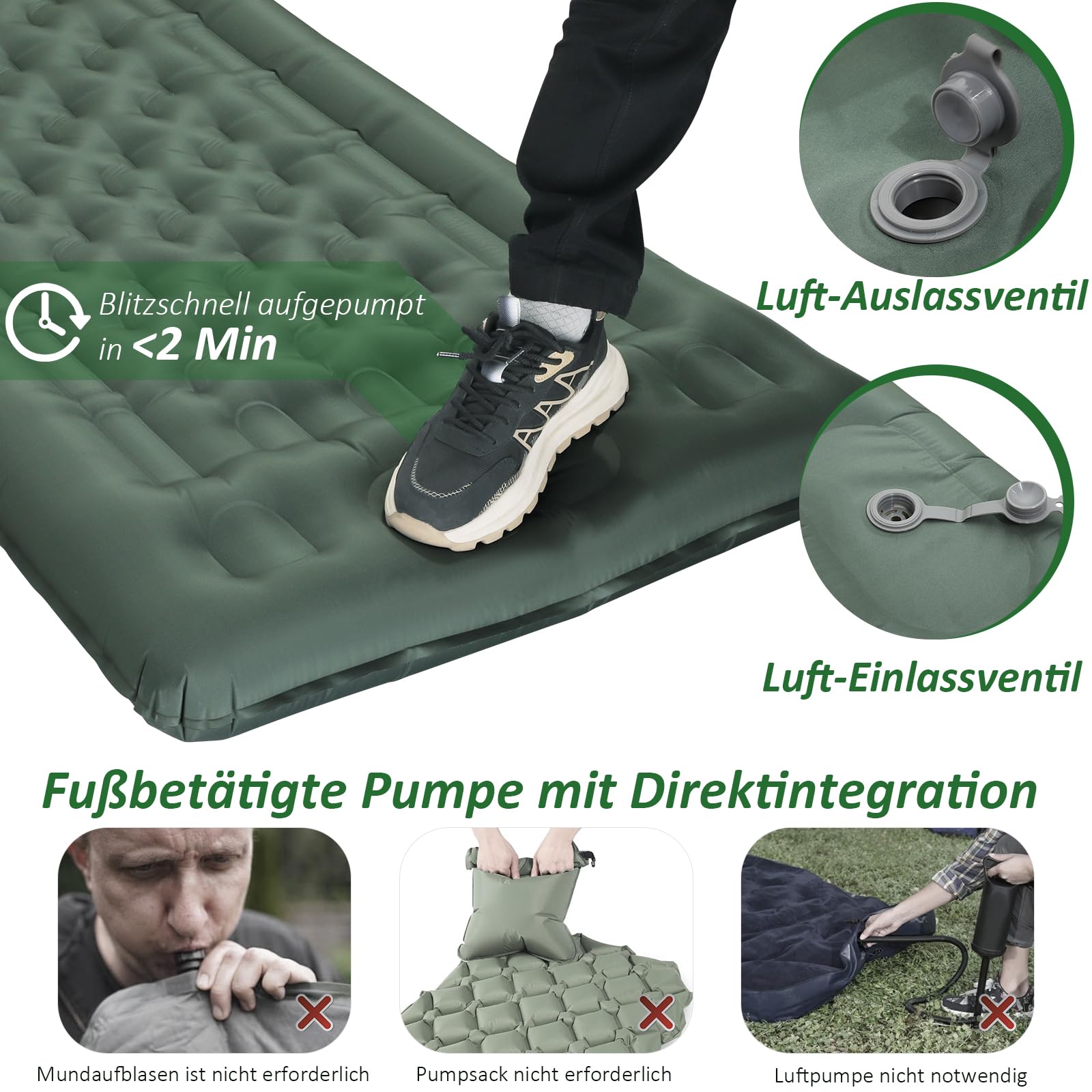 Camping Isomatte Selbstaufblasend 2025 Nue,12cm Verdickte Luftmatratze mit Verstärkter Luftsäulen-Struktur,Fußpumpe,16cm Kopfkissen,Reißfestes,Ultraleicht & Kompakt für Outdoor,Wandern,Strand