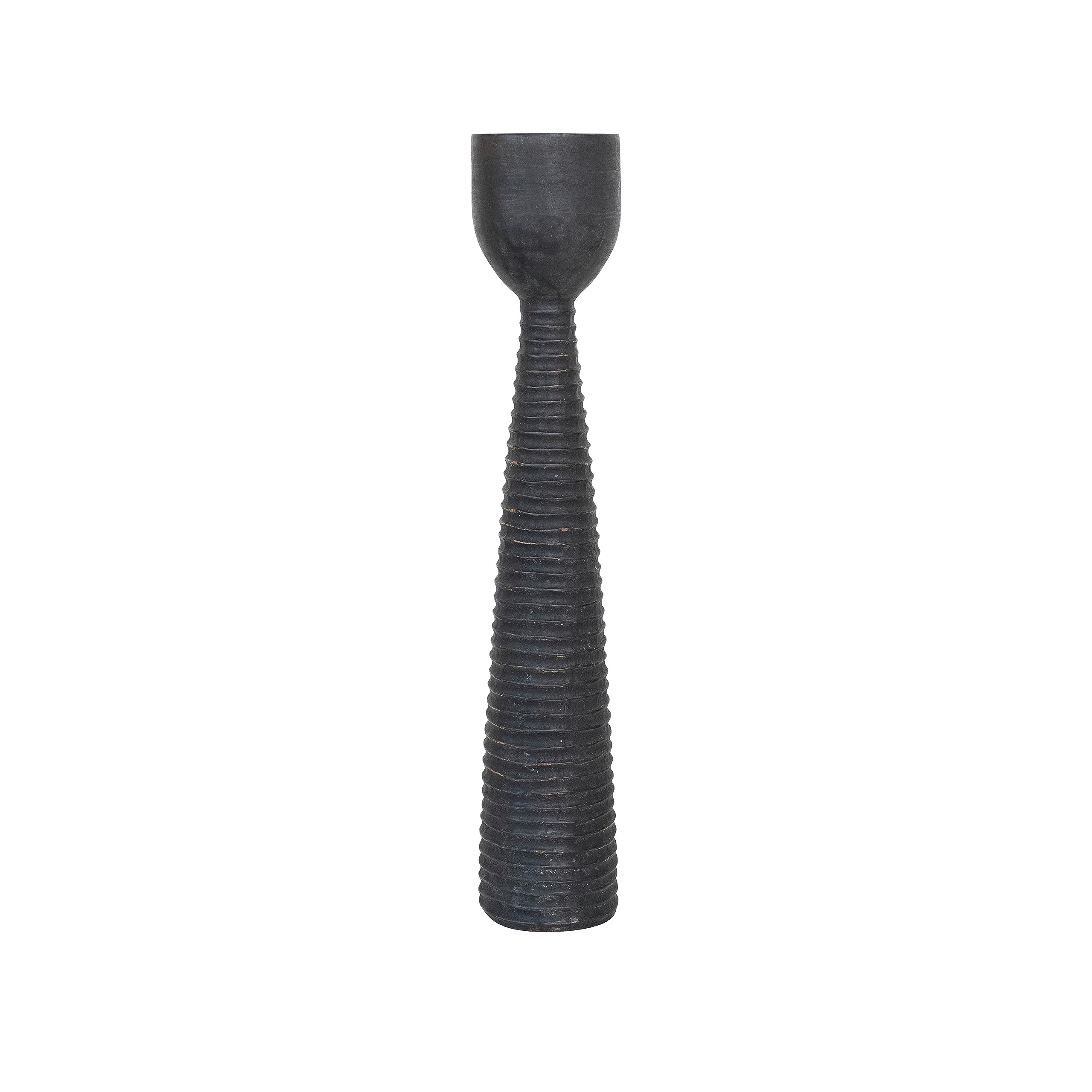 Bloomingville Round Hand-Carved Mango Wood Ribbed, Black (Holds 5 inches Pillar) Candle Holder