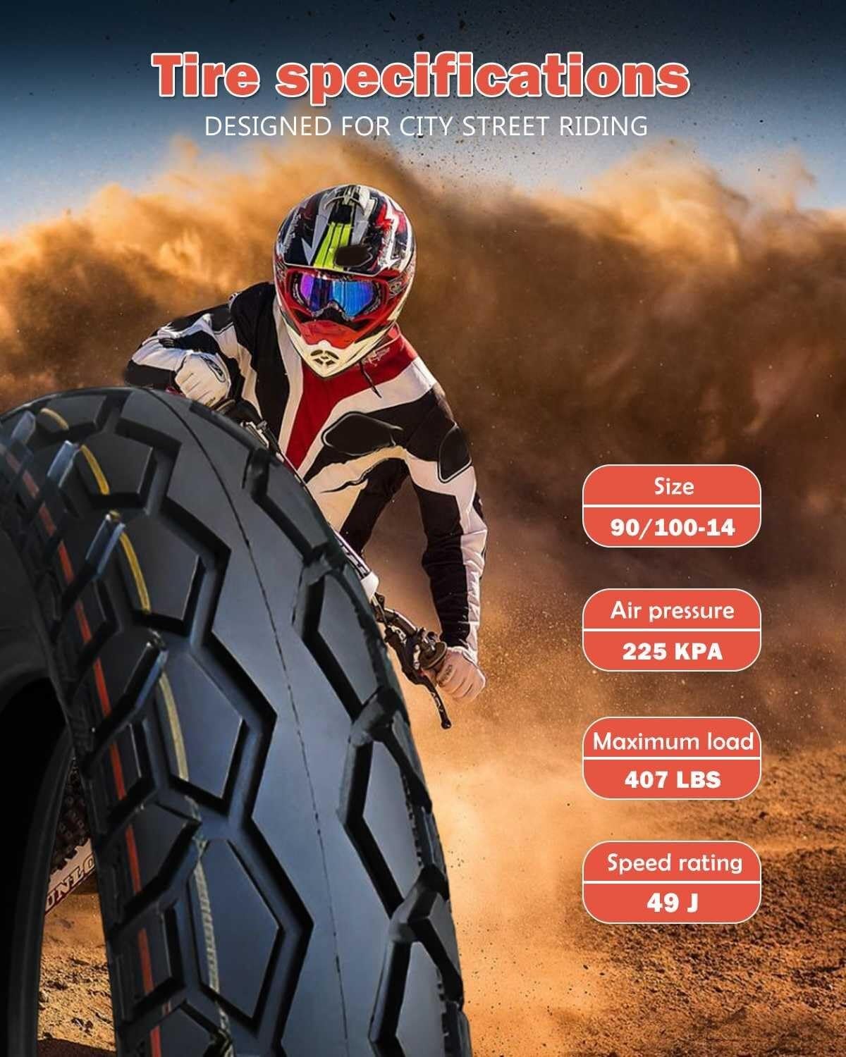 90/100-14 Opona do Motocykla Terenowego, Kompatybilna z 3.00-14, Niski Bieżnik Klinowy, Typ z Komorą, 49J 225 KPA 407 lbs Odporna na Ścieranie Wysoka Nośność