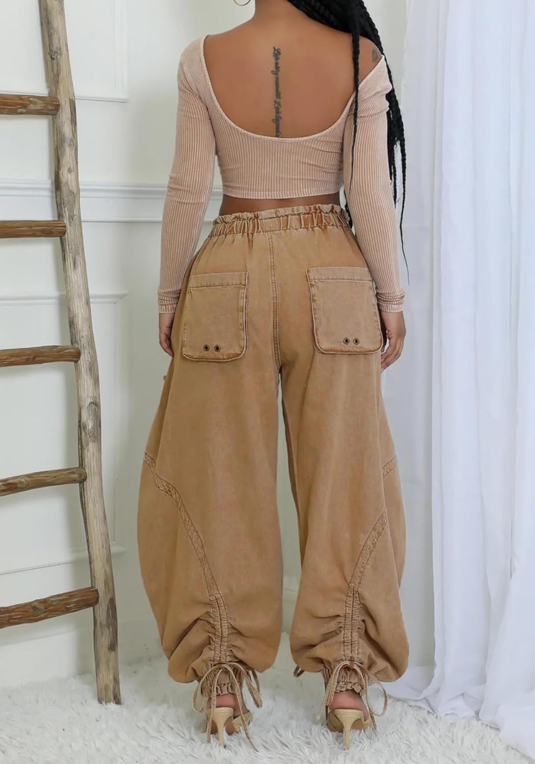 Unybwonn Women Baggy Barrel Jeans High Waisted Y2k Drawstring Bow Tie Cargo Jean Retro Wide Leg Ankle Denim Joggers - Image 5