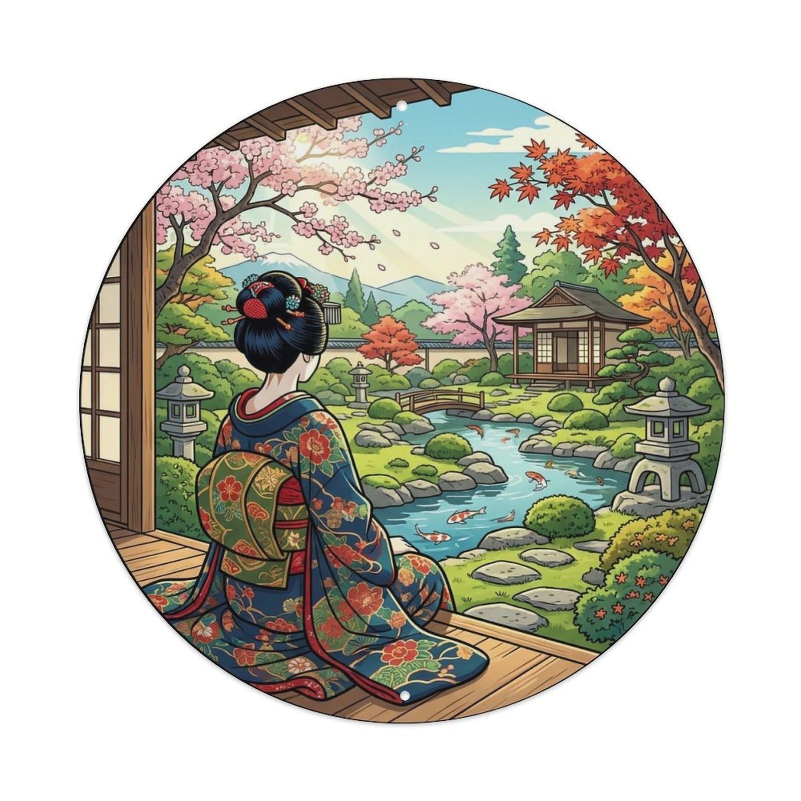 Yrnq 8X8inch Vintage Style Japanese Noon Garden Geisha Resting Scene Metal Tin Sign