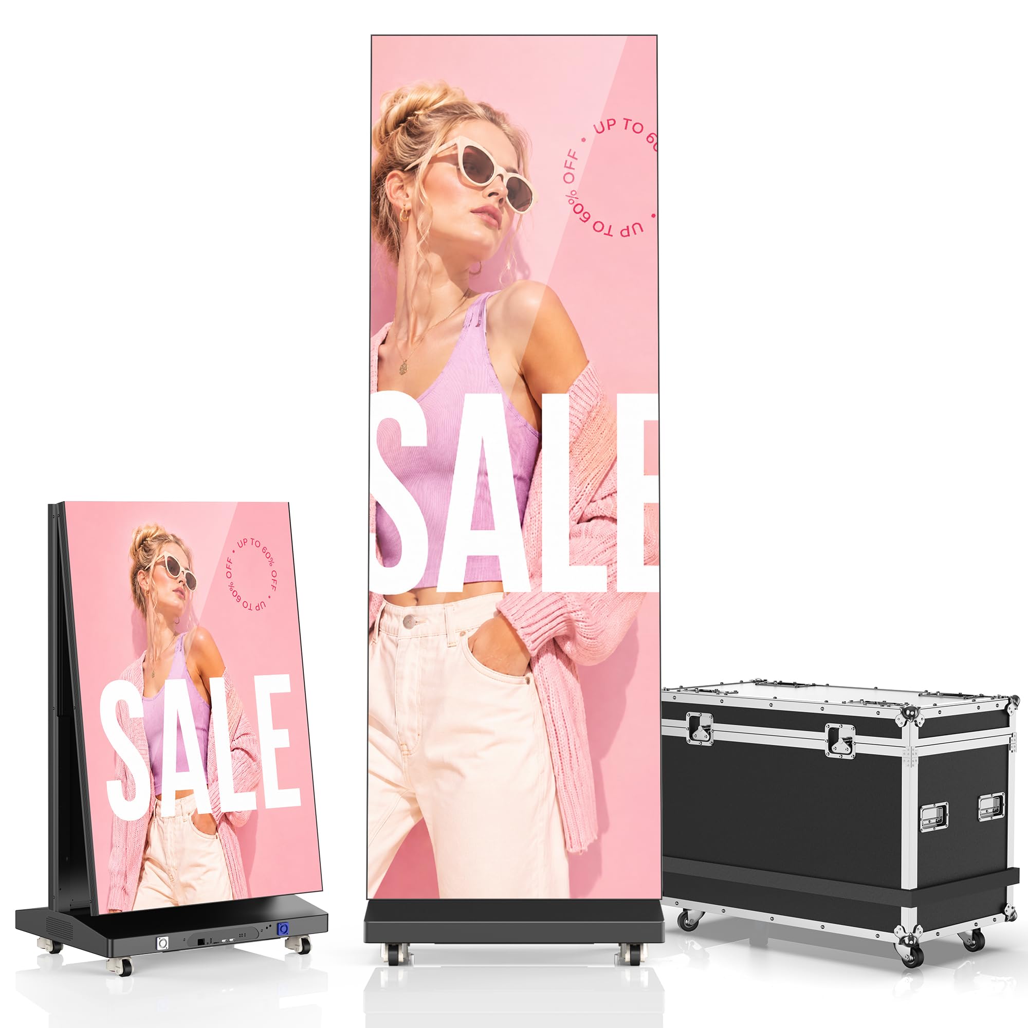 Display LED Splicing 80'' P1.86, Schermo Poster LED Pieghevole, Totem Pubblicitario Digitale con USB/HDMI/Wi-Fi/Telecomando (Nero, 1 Flight Case)