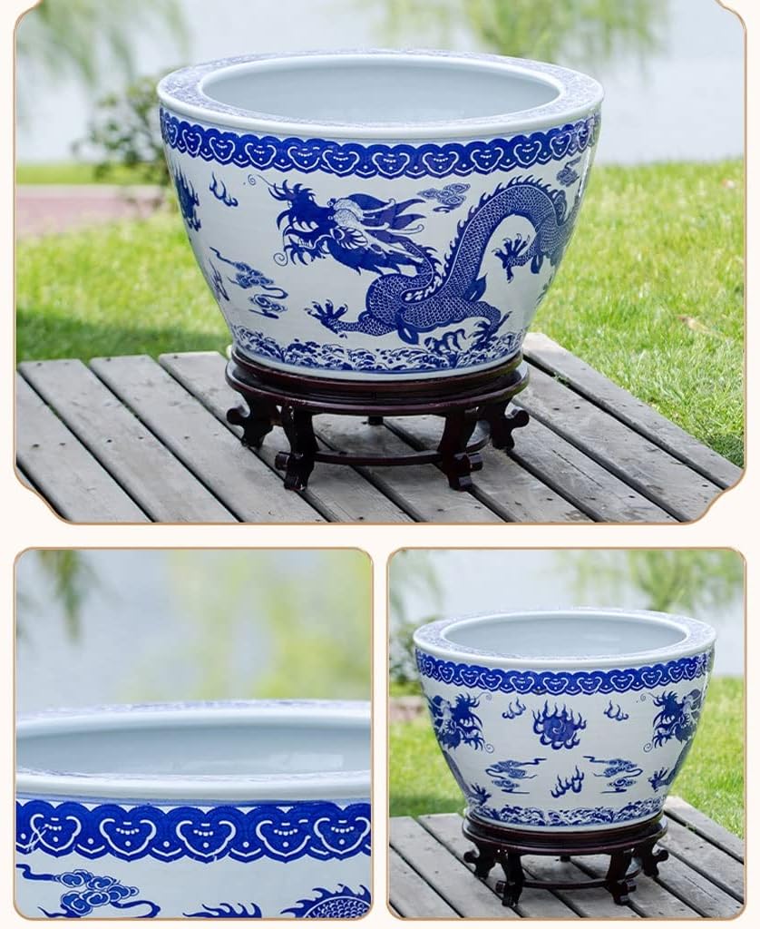 Aquarium Chinese Style Blue and White Ceramic Goldfish Bowl Fish Tank Balcony Fish Culture Tank Courtyard Lotus Tank Turtle Tank Aquarium Starter Kits Fish Tank Decorations (Color : C, Size : 42cm)