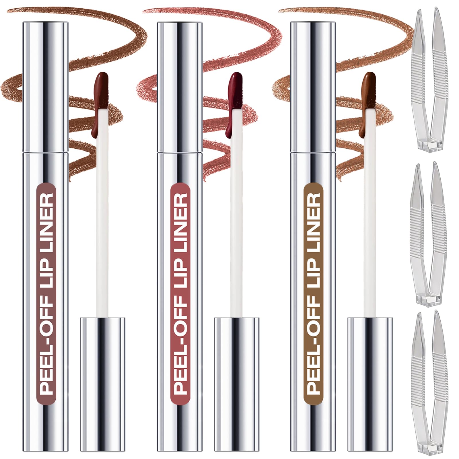 3 Colors Peel Off Lip Liner Stain with Tweezer Kit, Long Lasting Waterproof Lip Tint Stains Makeup Set with Matte Finish for Women, Natural Look, Easy to Use, for All Skin Types (#2,3,4)