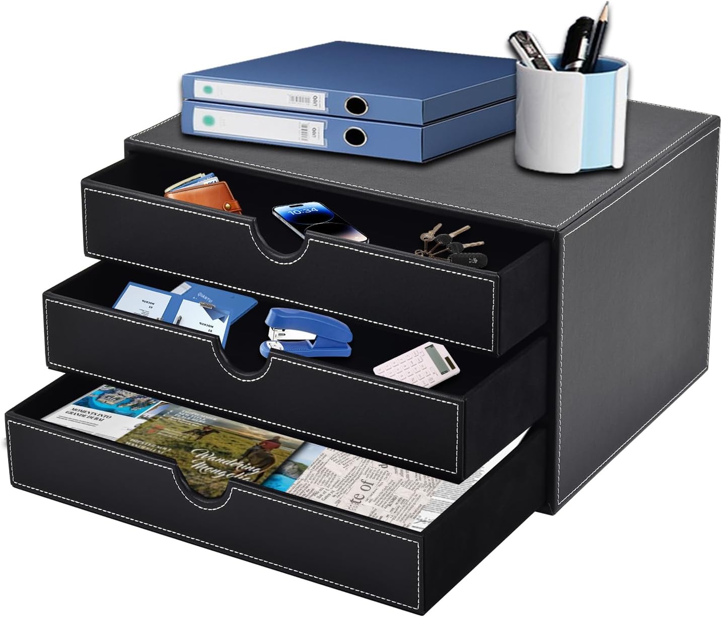 TrioDrawer Note Organizer Cube with 3 Faux Leather Drawers