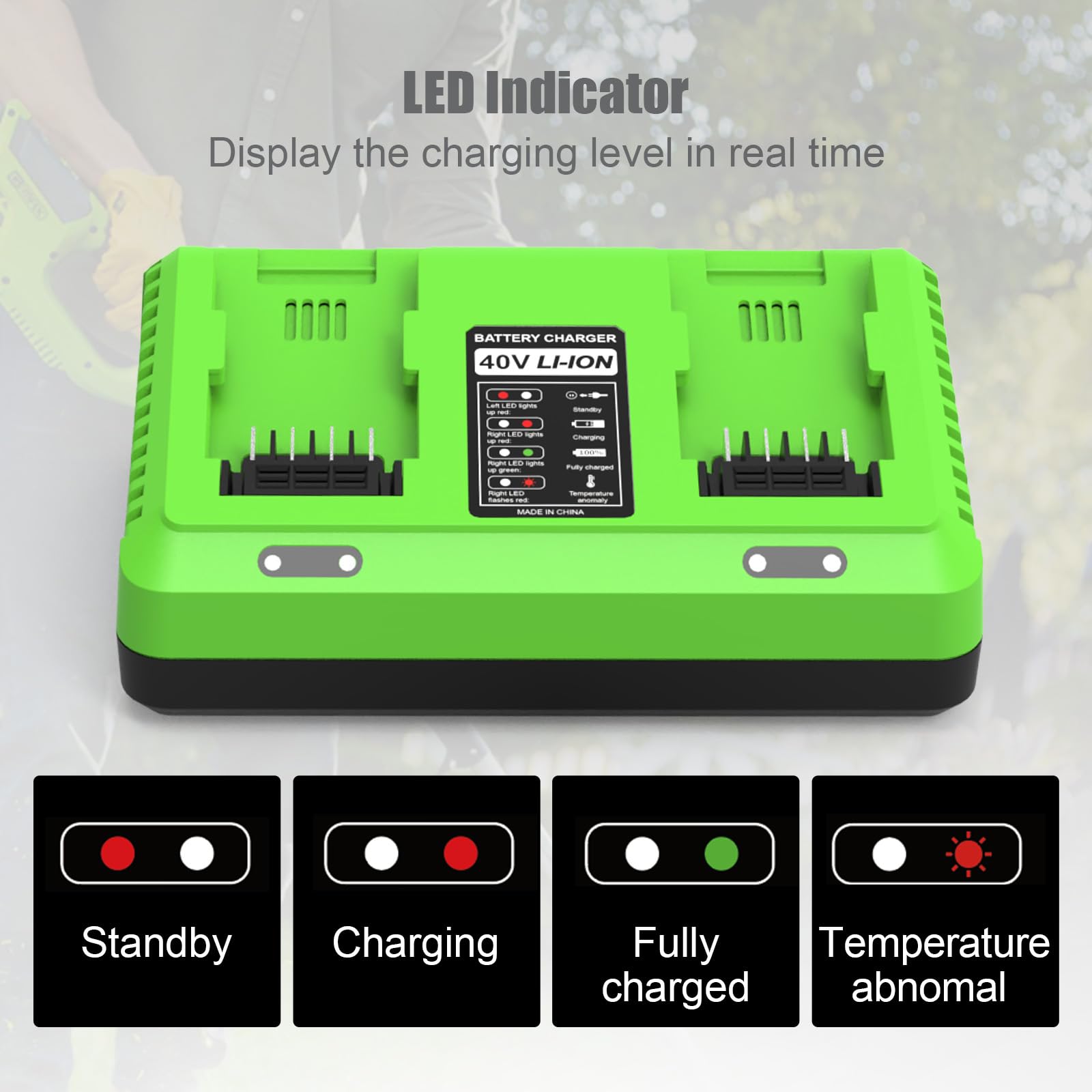 Caricabatterie 40 V Doppia Porta per Greenworks Caricabatterie G40C di Ricambio per Greenworks Batteria 40 V 29462 29472 29252 20202 22262