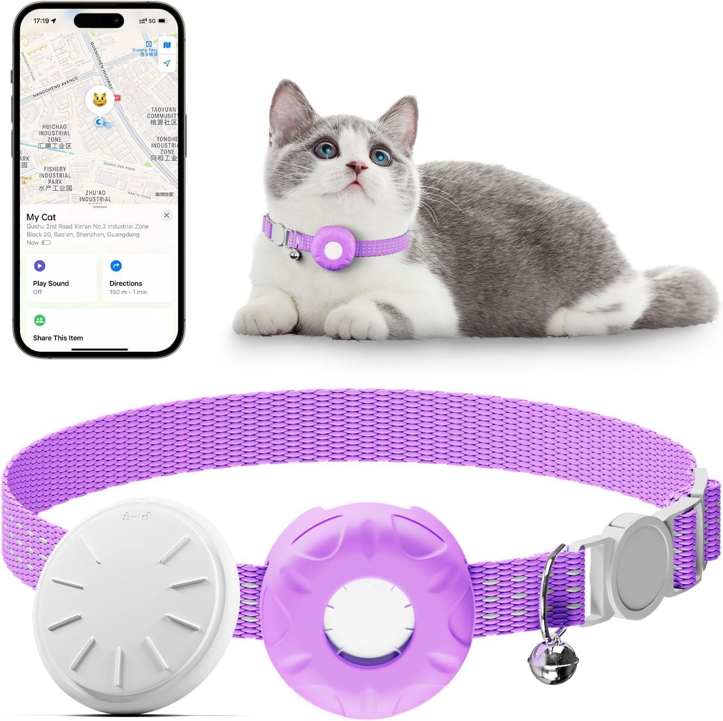 Localizzatore GPS per gatti, con collare e supporto, dispositivo di localizzazione GPS per gatti, impermeabile, senza canone mensile, funziona con Apple Find My (solo iOS) (viola)