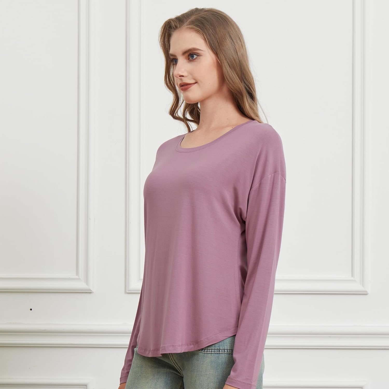 netdraw Women's Ultra Soft Bamboo Viscose Long Sleeve Dolman Shirts, Loose Fit Casual Batwing Lounge Sleep Pajama Tops - Image 3