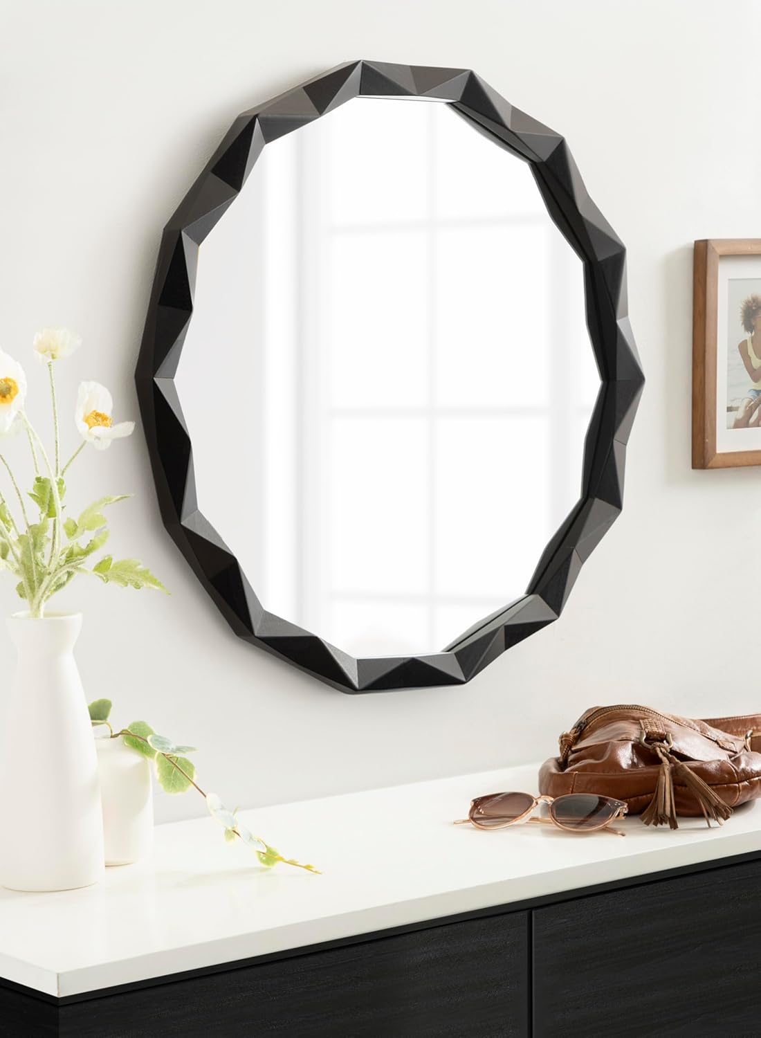 Kate and Laurel Endicott Modern Geometric Round Wall Mirror; 26 Inch Diameter; Black; Transitional Faceted Wood Circle Mirror for Use as Bathroom Mirror for Over Sink or Cute Nursery Mirror