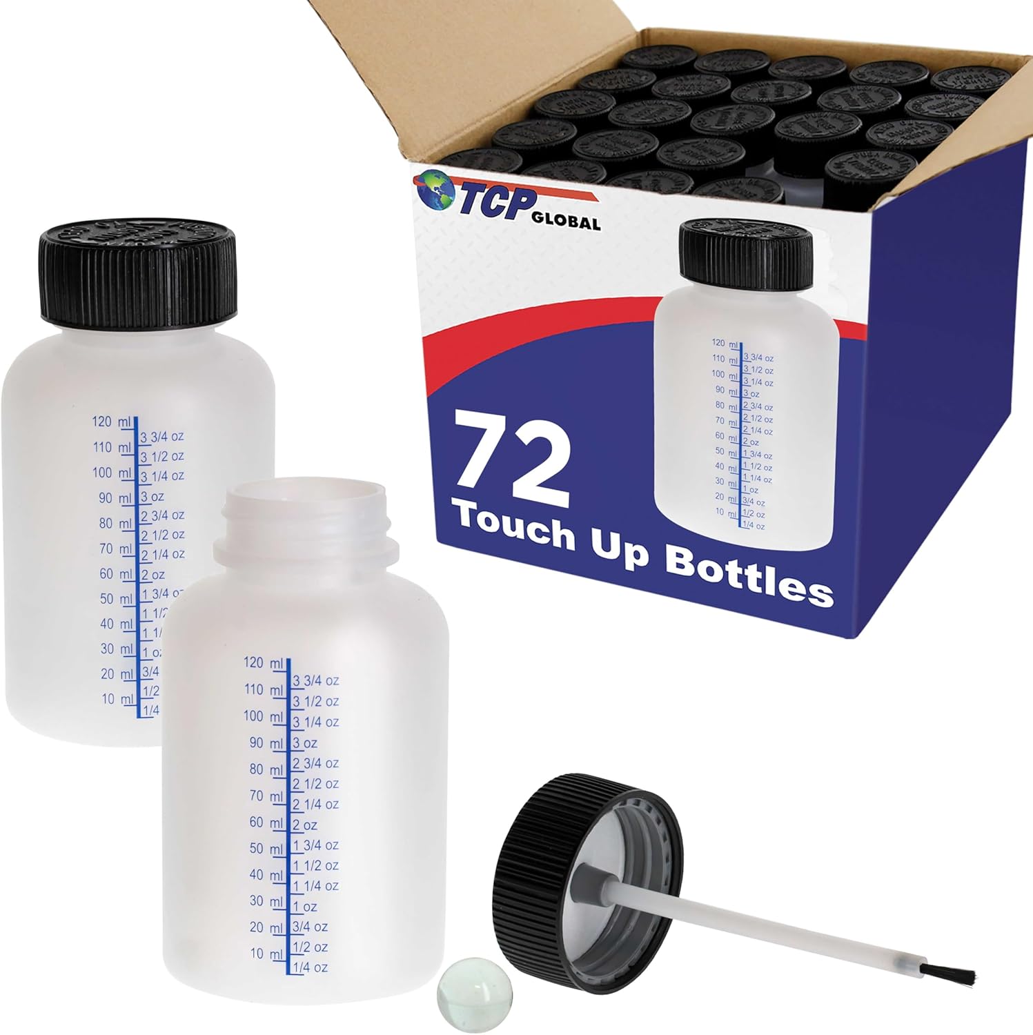 TCP Global 4.5-Ounce Paint Touch-Up Bottles with Safety Lids (Box of 72), Mixing Ball, and Applicator Brush - 140ml Fluid Capacity for Auto, Car, and Craft Projects