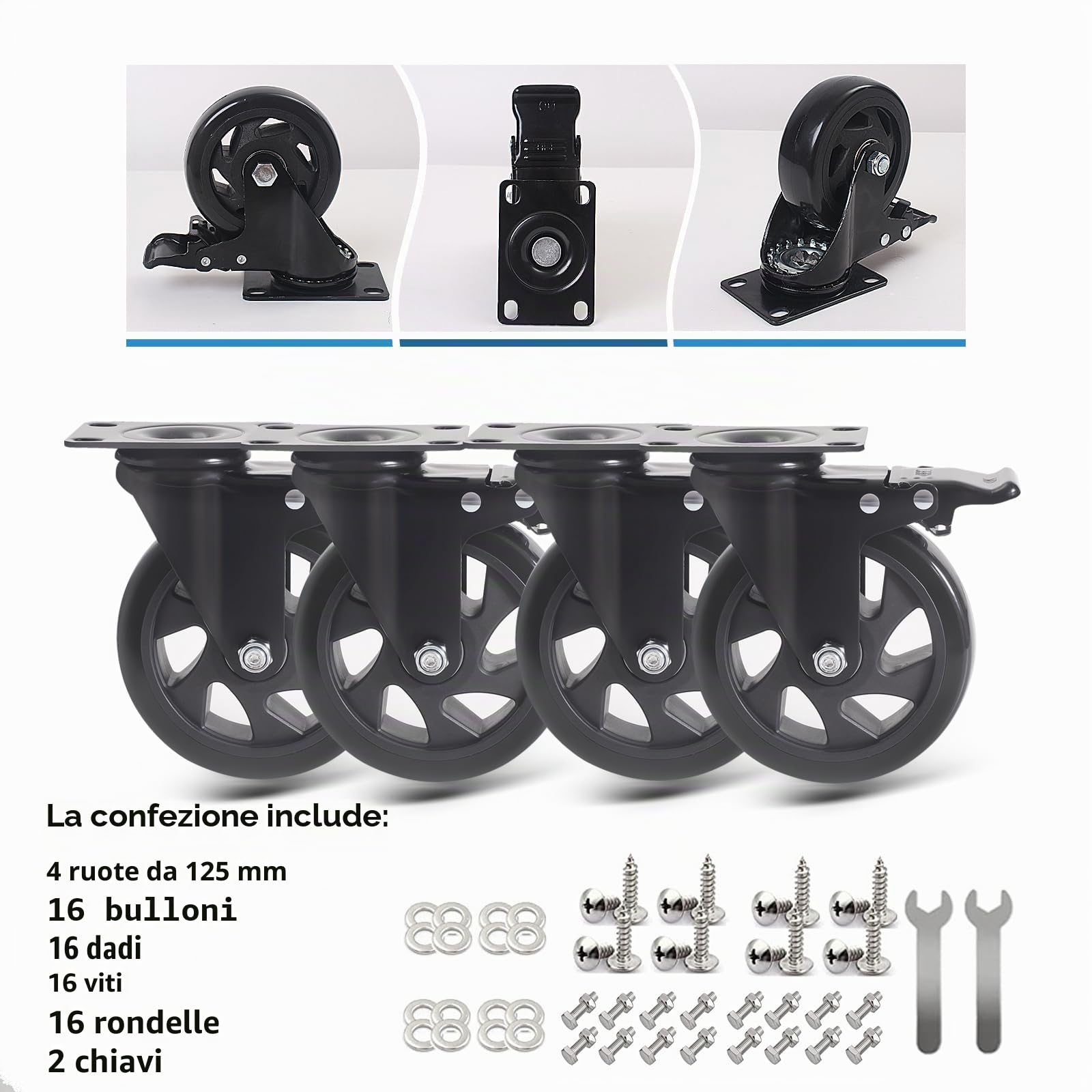 Ruote Per Carrello Pesanti con Freno 125MM, PU Rotelle per Mobili Ruote Girevoli a 360 Gradi, Set di 4 Doppio Cuscinetto Rotelle Pivotanti Capacità 800kg per Tavolo, Armadio(con Viti)