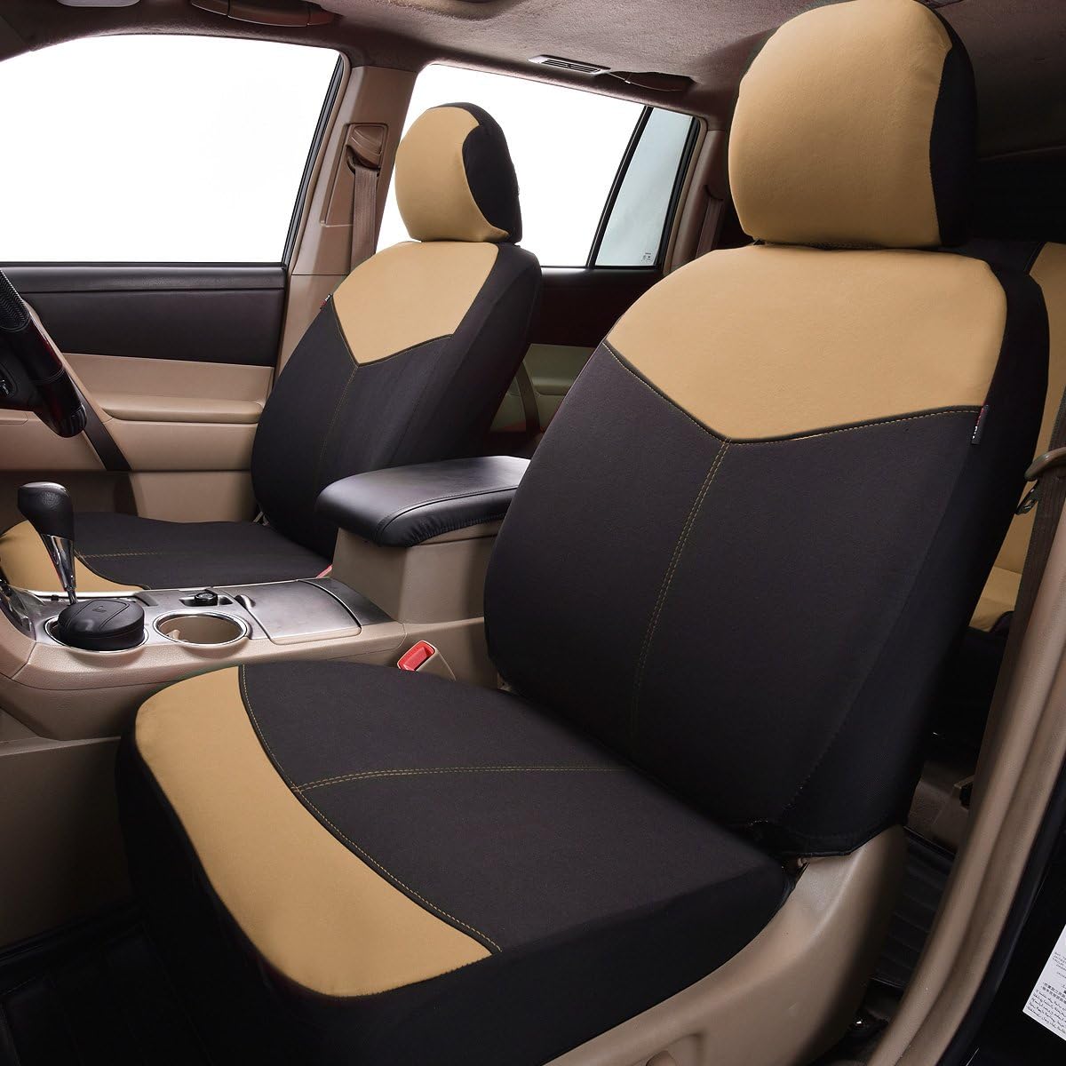 Flying Banner Car Seat Covers Full Set Front Seats and Rear Bench Polyester Cover Protectors Front Cover airbag Compatible Rear Bench Split 40/60 50/50 60/40 (Beige Black)