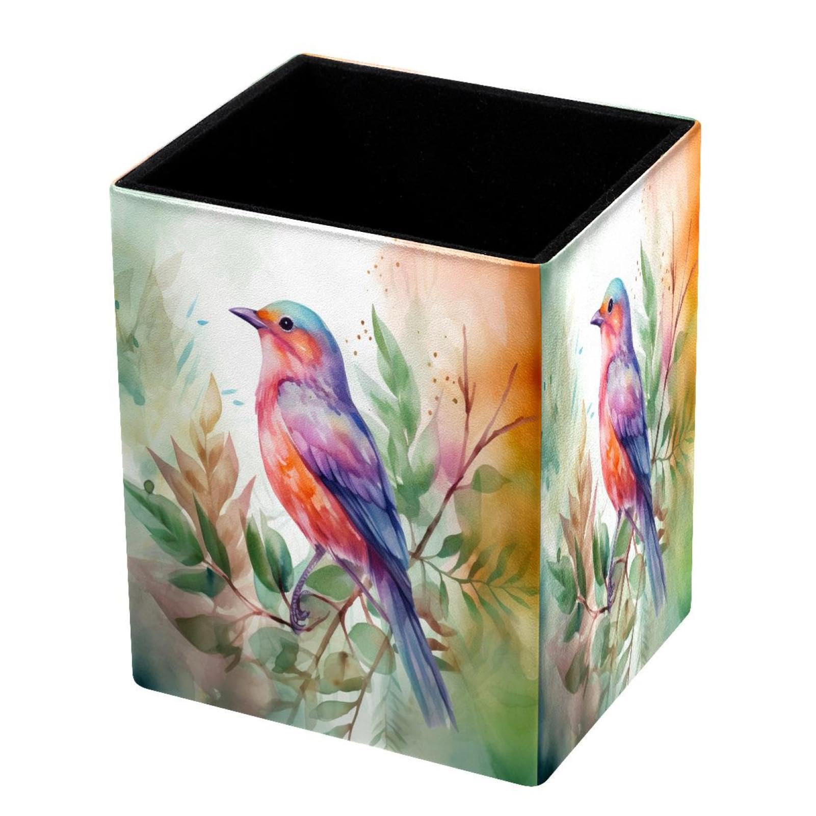 DragonBtu Desktop Pencil Holder, Watercolor Bird Rectangular Pencil Cup, Pencil Storage Bag Office Desk Supplies Case for School, Kids