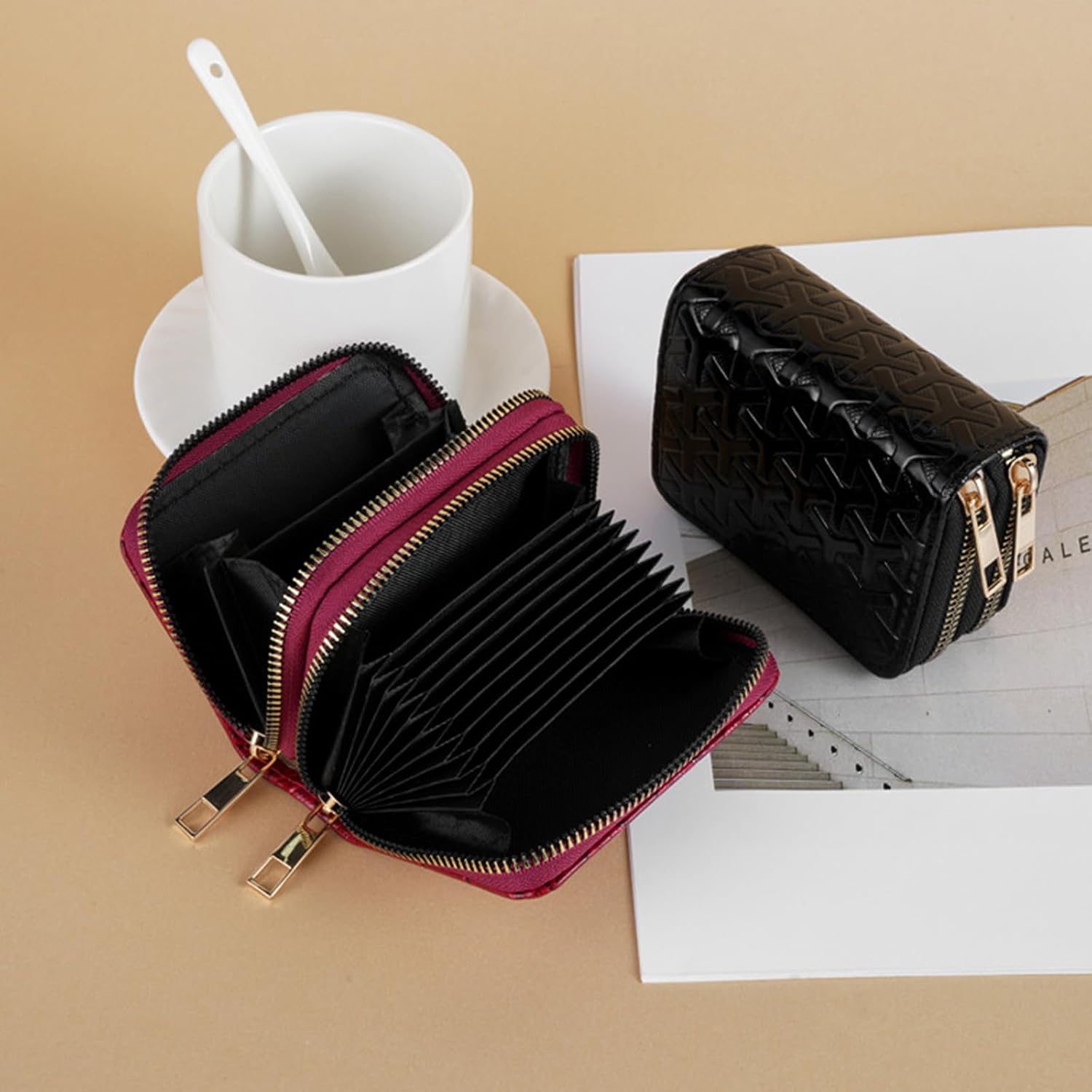 PU Leather Accordion Card Wallet, Double-Layer Zippered Card Holder for Women Men Multi-Slot Large Capacity Card Organizer Compact Travel Wallet with Coin Purse ID Window (Red) - Image 7