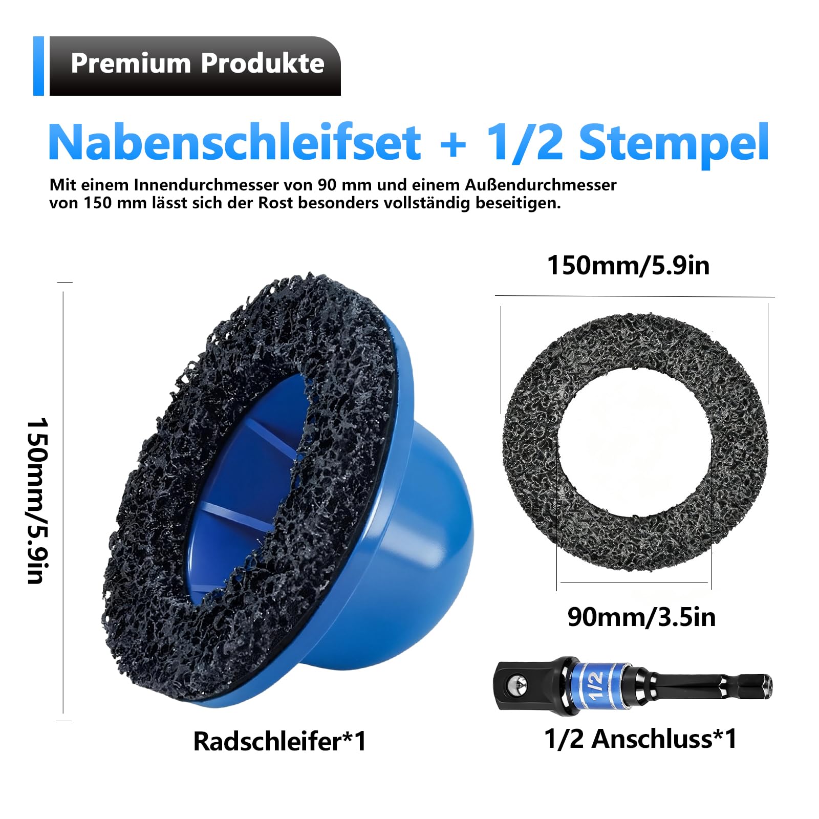 HOSPAOP Smerigliatrice mozzo ruota 90/150 mm con azionamento da 1/2" – Smerigliatrice a testa sferica & mozzo pulitore per auto, SUV e furgoni, smerigliatrice per mozzi di rimozione della ruggine