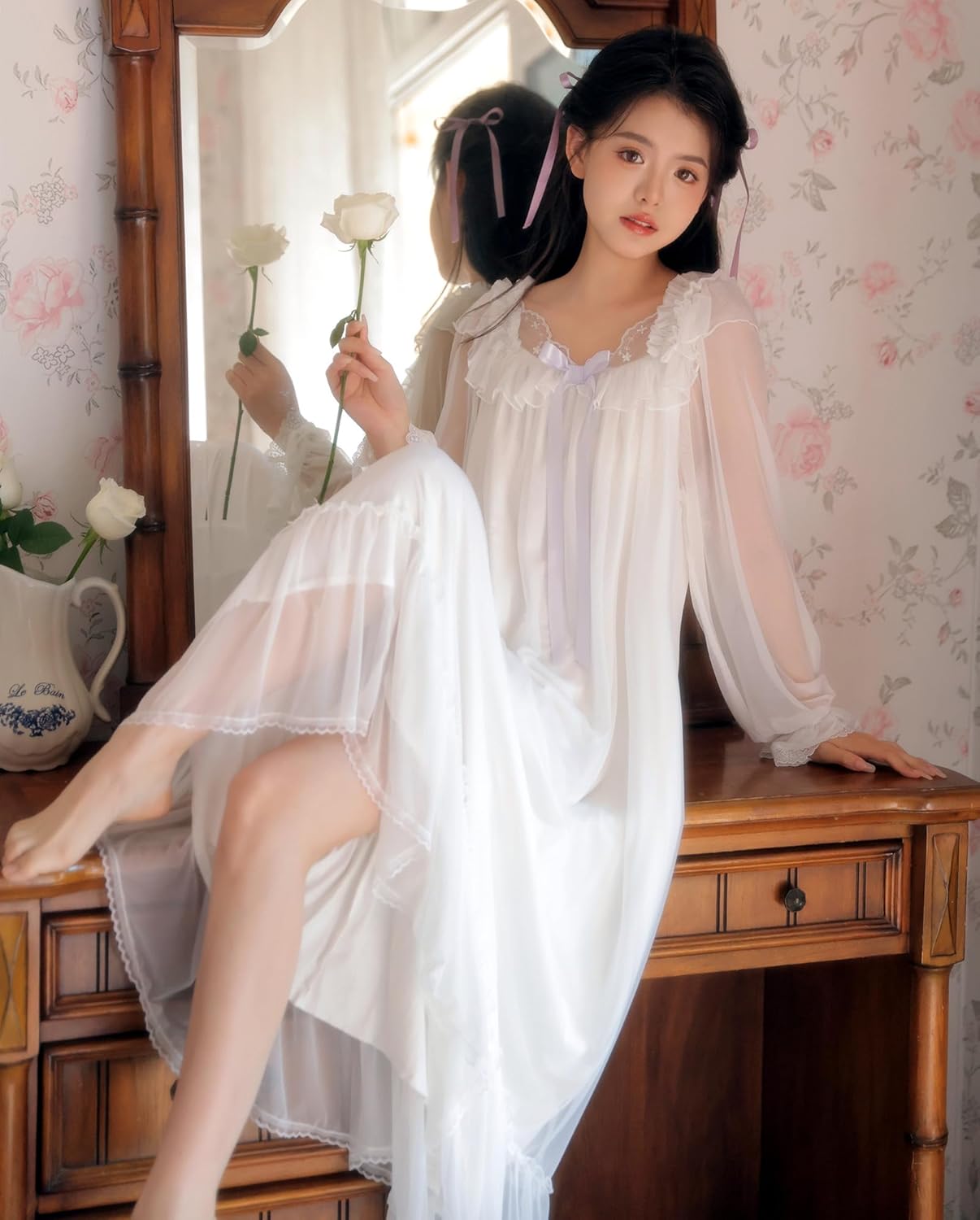 Womens Vintage Victorian Nightgown Square Neck Nightdress Princess Sleepwear Plus Size Lounge Dress - Image 4