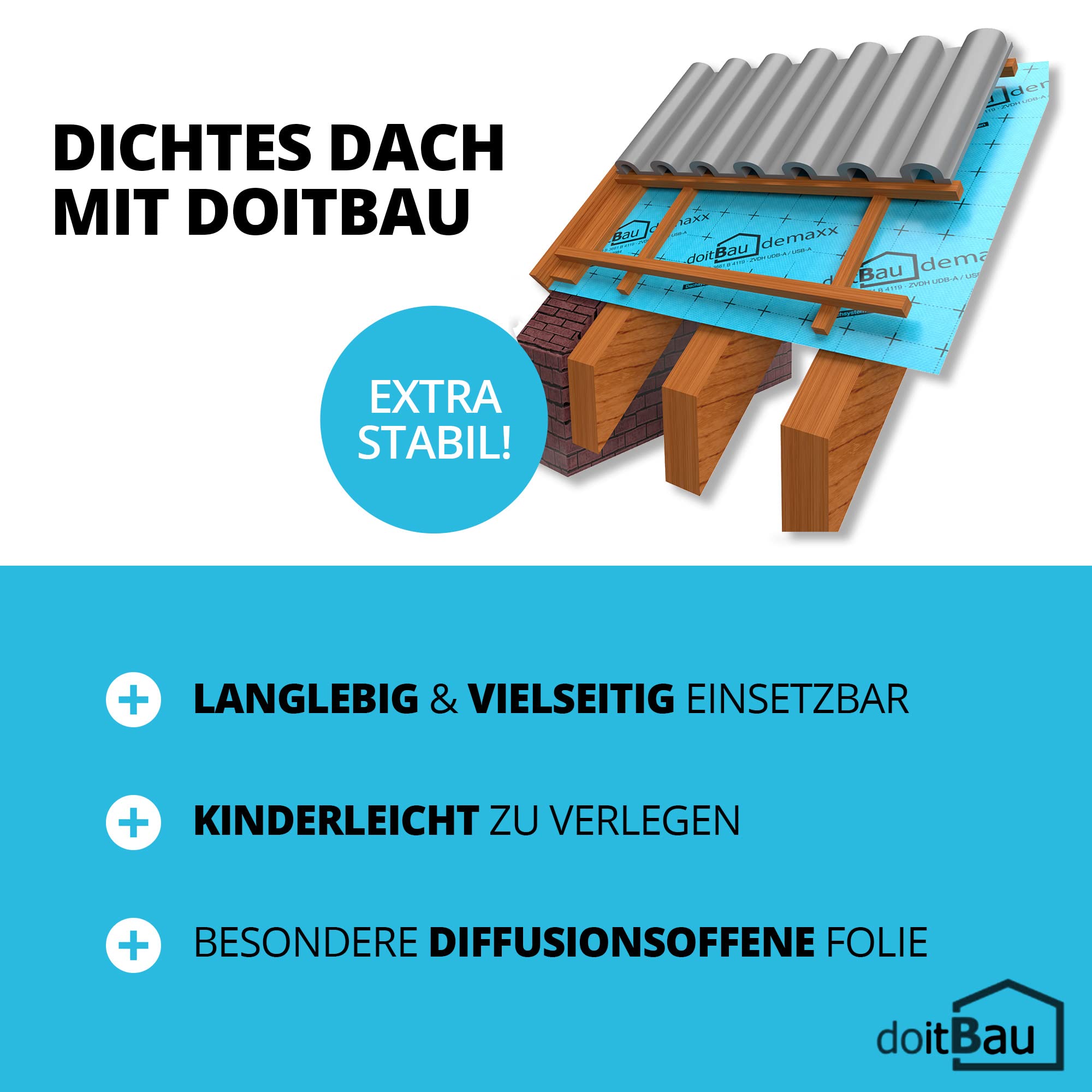 doitBau deMAXX Onderspanfolie 1,5 m x 50 m (75 m²) 200 g/m² - EXTRA STABIEL | zelfklevend | waterdicht | diffusieopen | bestand tegen veroudering | folie voor dak en plat dak