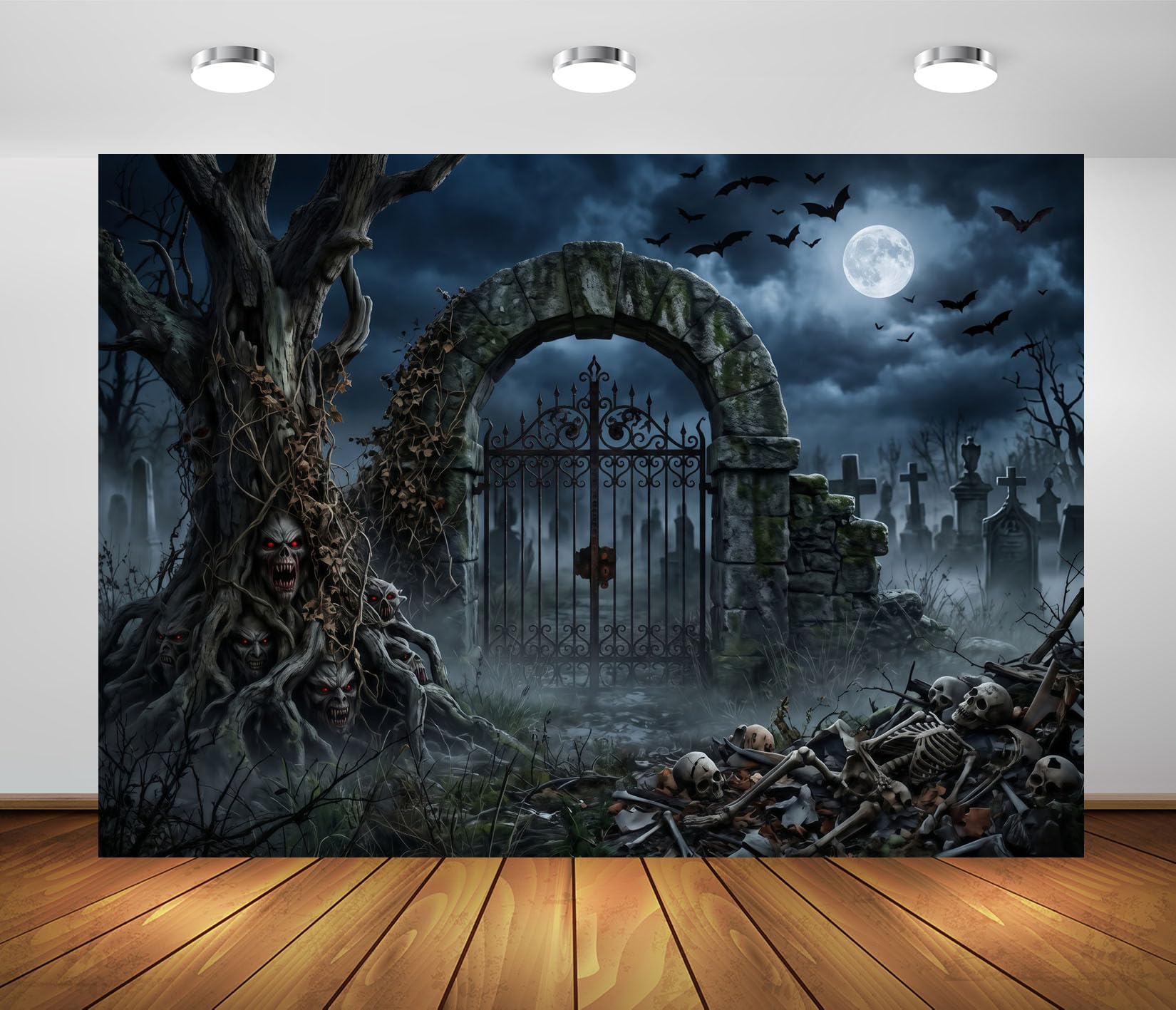 BELECO 3.6x2.5m Tessuto Sfondo Halloween Arco Pietra Spaventoso Cimitero | Albero Demonio Spaventoso Scheletro Teschio Lapide Luna Piena Pipistrello Cimitero Nebbioso Sfondo Telo Di Sfondo