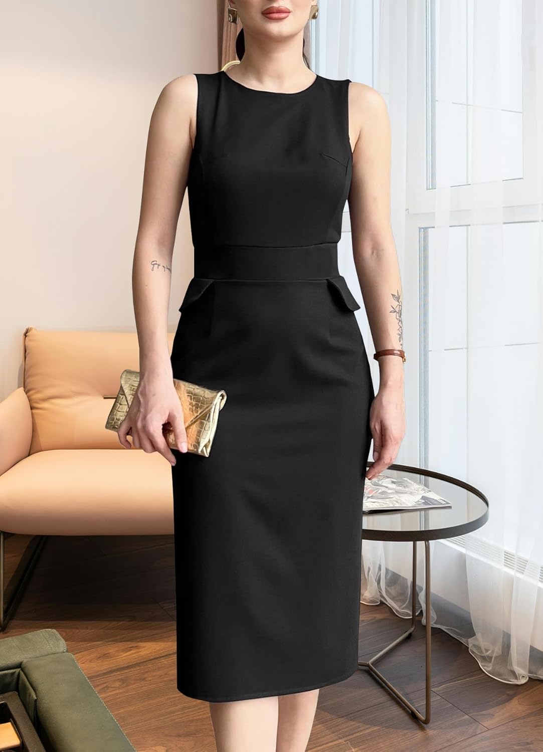 Women's Crew Neck Elegant Sleeveless Midi Bodycon Dress Work Cocktail Pencil Dresses - Image 3
