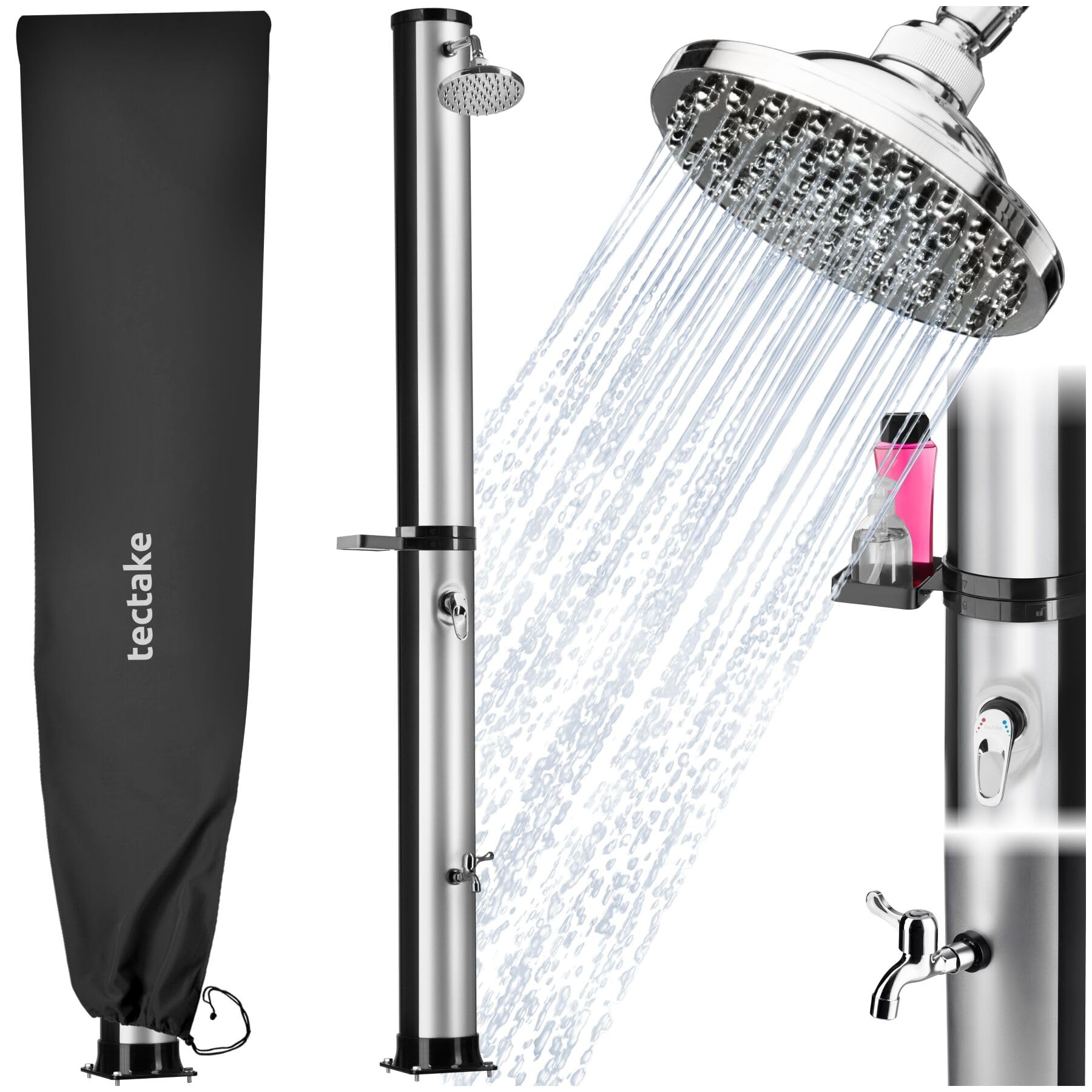 tectake® Doccia Solare da Giardino 40 Litri, Soffione Doccia Orientabile 360°, Accessori Giardino Esterno Campeggio Piscina, con Cover Protettiva, Portasapone, Rubinetto, Attacco Acqua - Nero/Argento