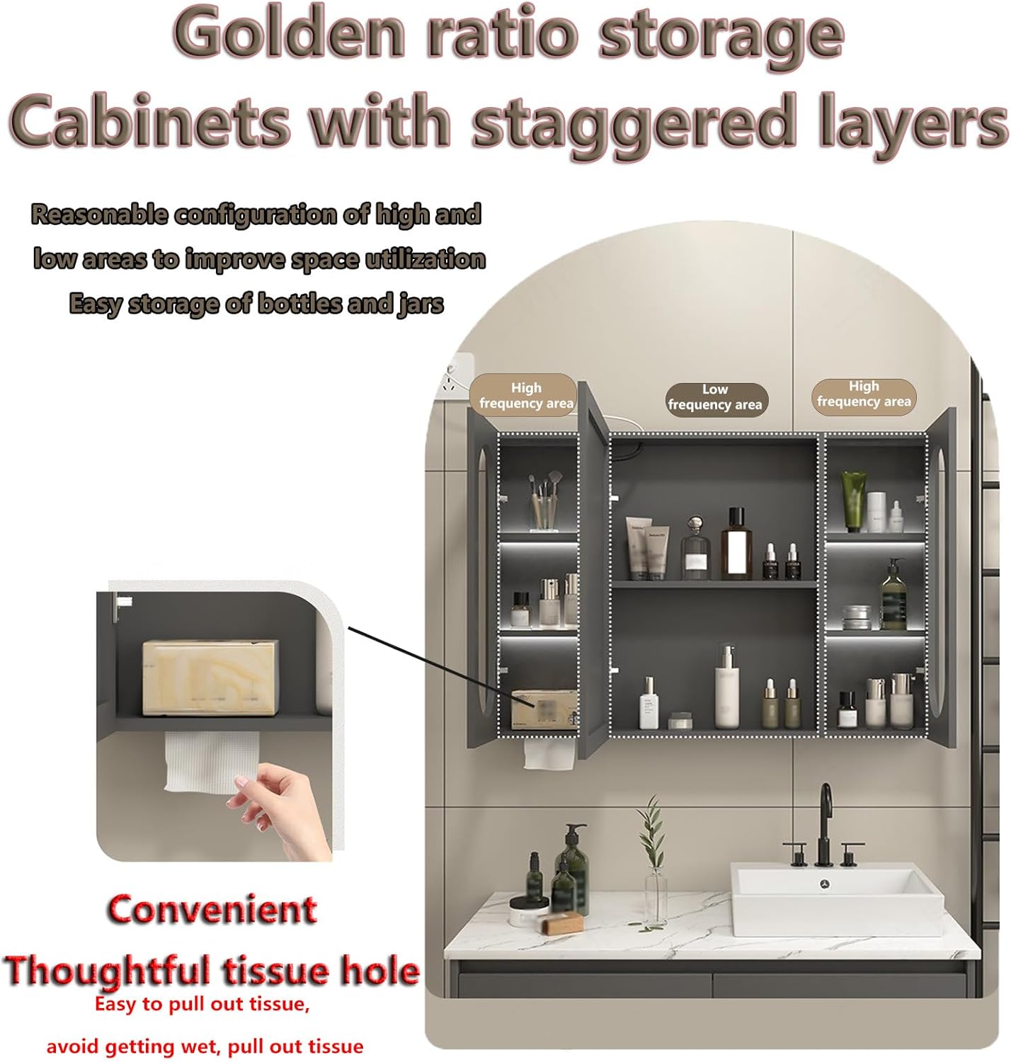 Wall-Mounted Mirror Cabinet for Bathrooms, Hd Explosion-Proof Anti-Fog Makeup Mirror Cabinet, Touch Button Control, Transparent Glass, Modern, Led Lighting, Bathroom Storage Medicine Cabinet