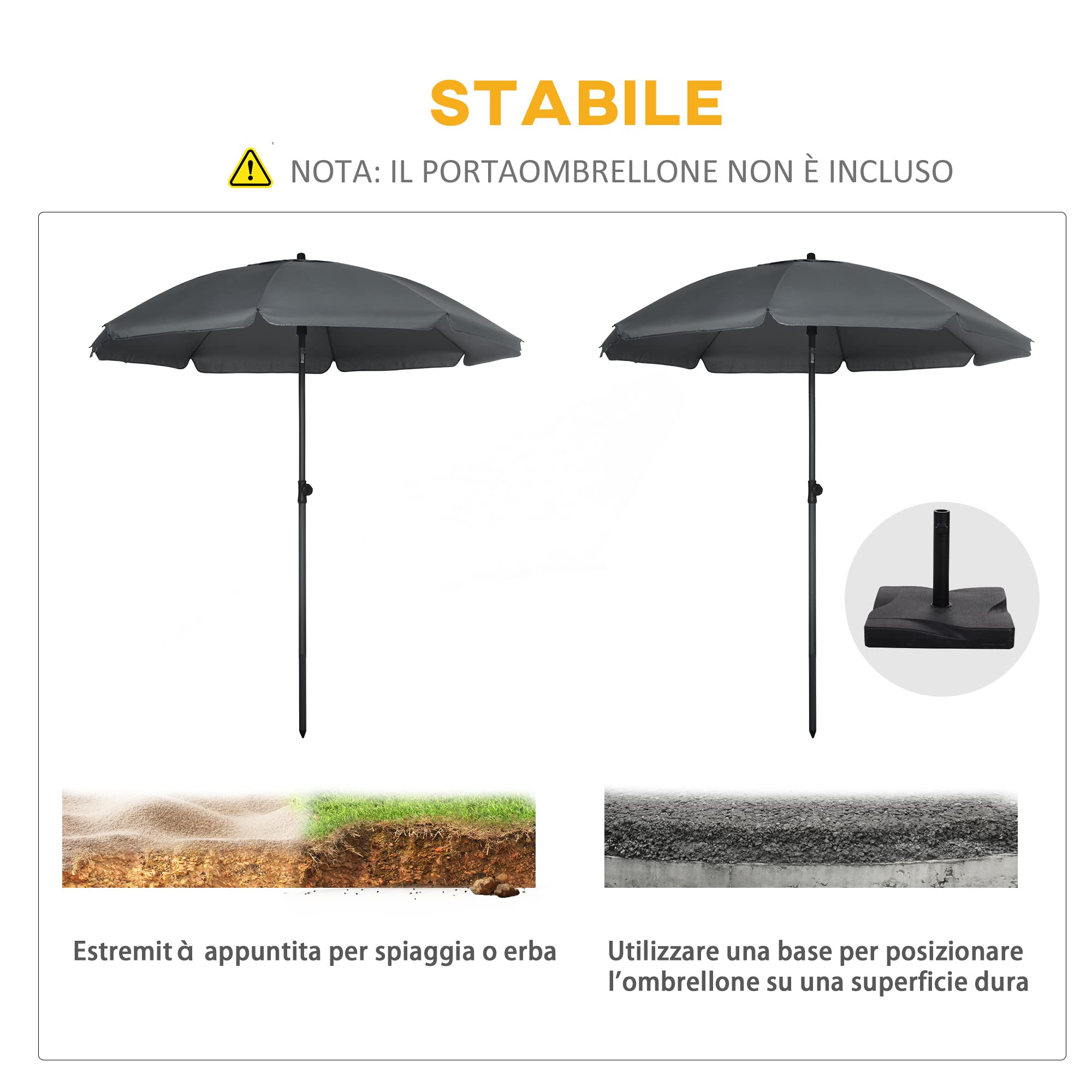 Outsunny Ombrellone da Spiaggia Ø1.8x2 m con Tettuccio Reclinabile a 45°, Ombrellone da Esterno con 8 Stecche e Design a 2 Sezioni in Acciaio e Poliestere 160g/㎡, UV50+