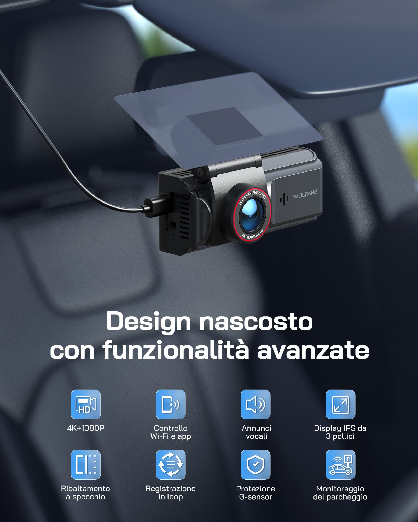 WOLFANG Dash Cam Auto 4K, Doppia Telecamera WiFi per Auto, Schermo da 3", Super Dashcam con Visione Notturna, Monitor di Parcheggio, Sensore G, 170° Grandangolo, WDR, Scheda SD 32G