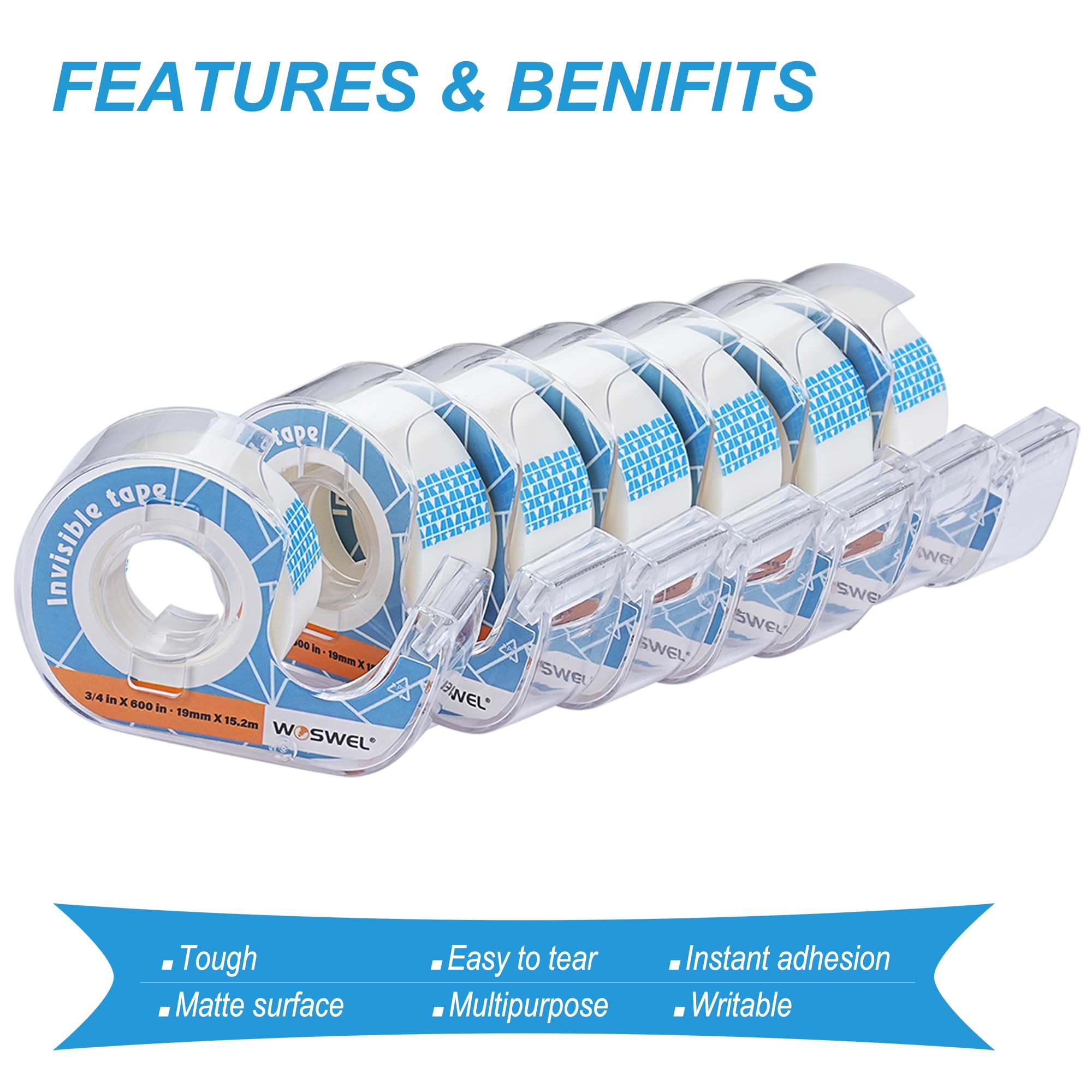 WOSWEL Klebeband-Nachfüllpackungen mit Spender, 50 Rollen, unsichtbare Klebebänder, 1,9 cm x 1,524 cm, Geschenkverpackungsbänder, Lieferant für Zuhause, Schule, Büro
