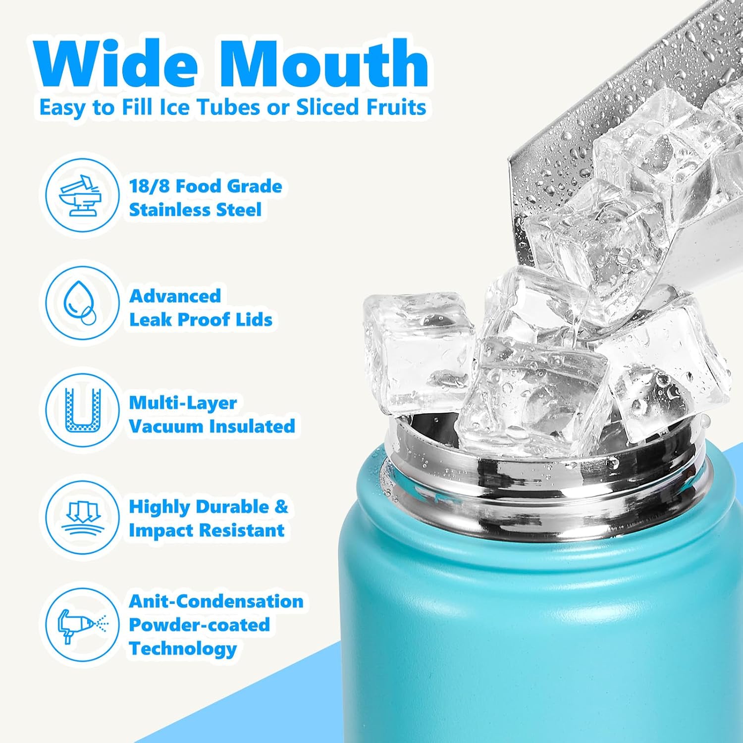 Insulated Water Bottle with Lid & Boot & Stickers, 24 oz Stainless Steel Sweat Free Bottle Keep Cold 24H, BPA-Free Sports Wide Mouth Water Bottle, CyanBlue - Image 5