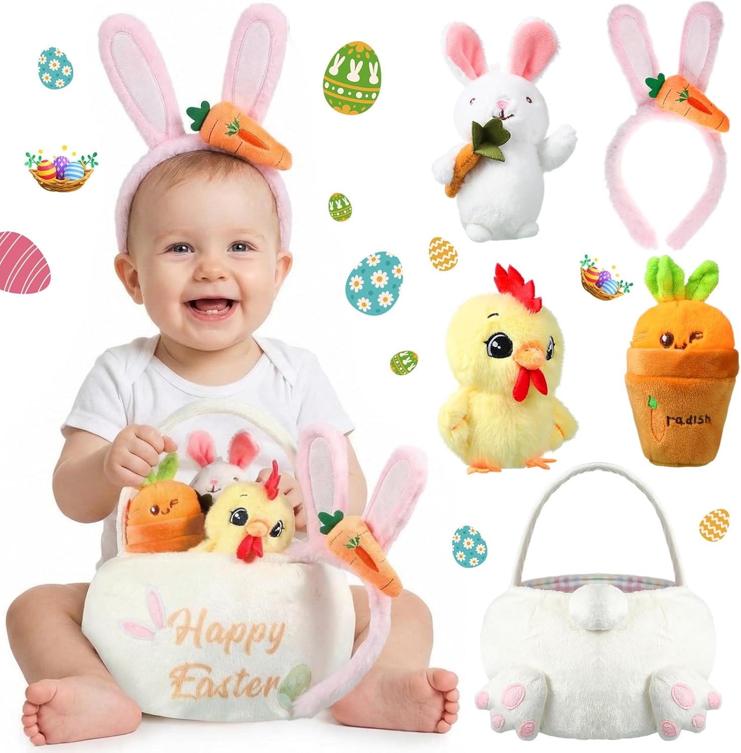 Blosssound Stuffed Easter Basket Filled with Plush Bunny Chick Carrot Rabbit Ears Headband for Kids Toddler Boys Girls Premade Easter Basket Gift Party Favor Supplies