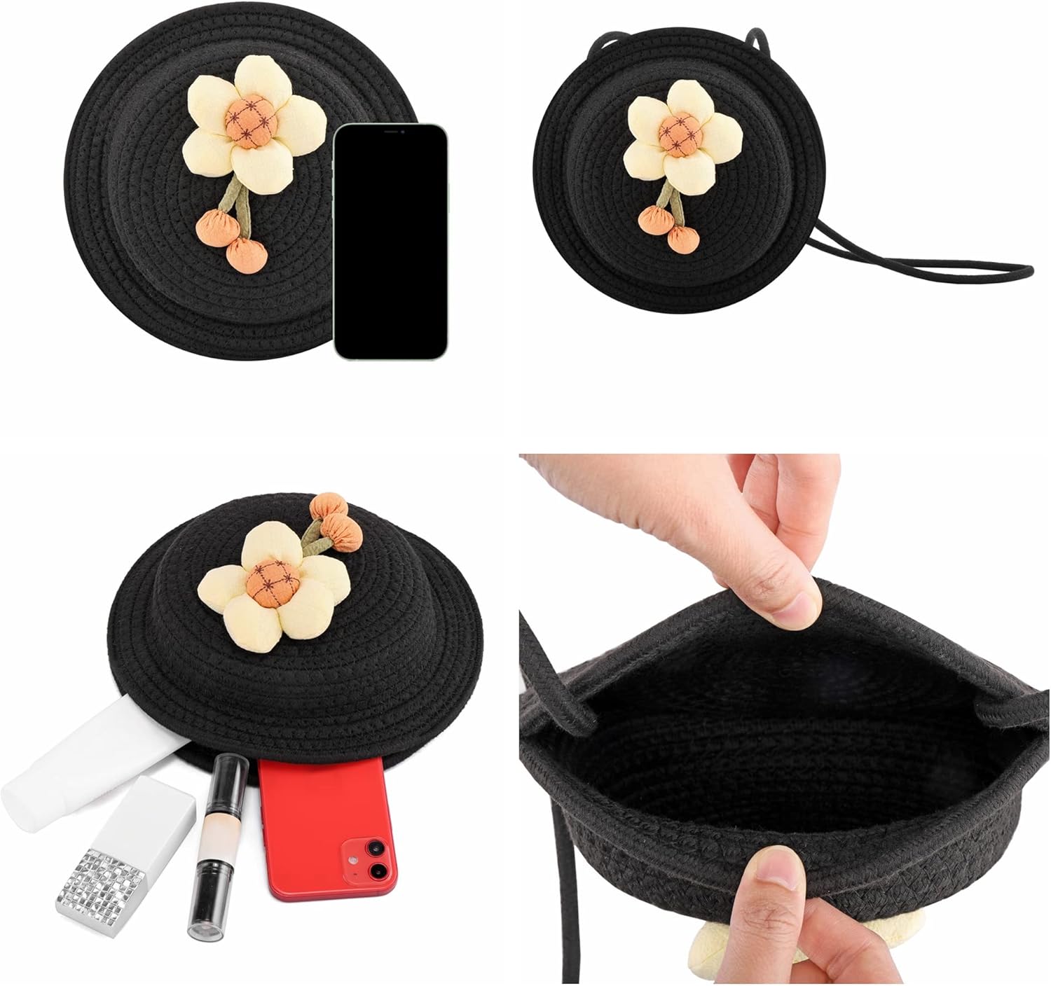 Miniatura 4 de Ayliss Bolso Cossbody para mujer, pequeño tejido a mano, de verano, playa, hombro, algodón, ganchillo, lindo, sombrero, flor