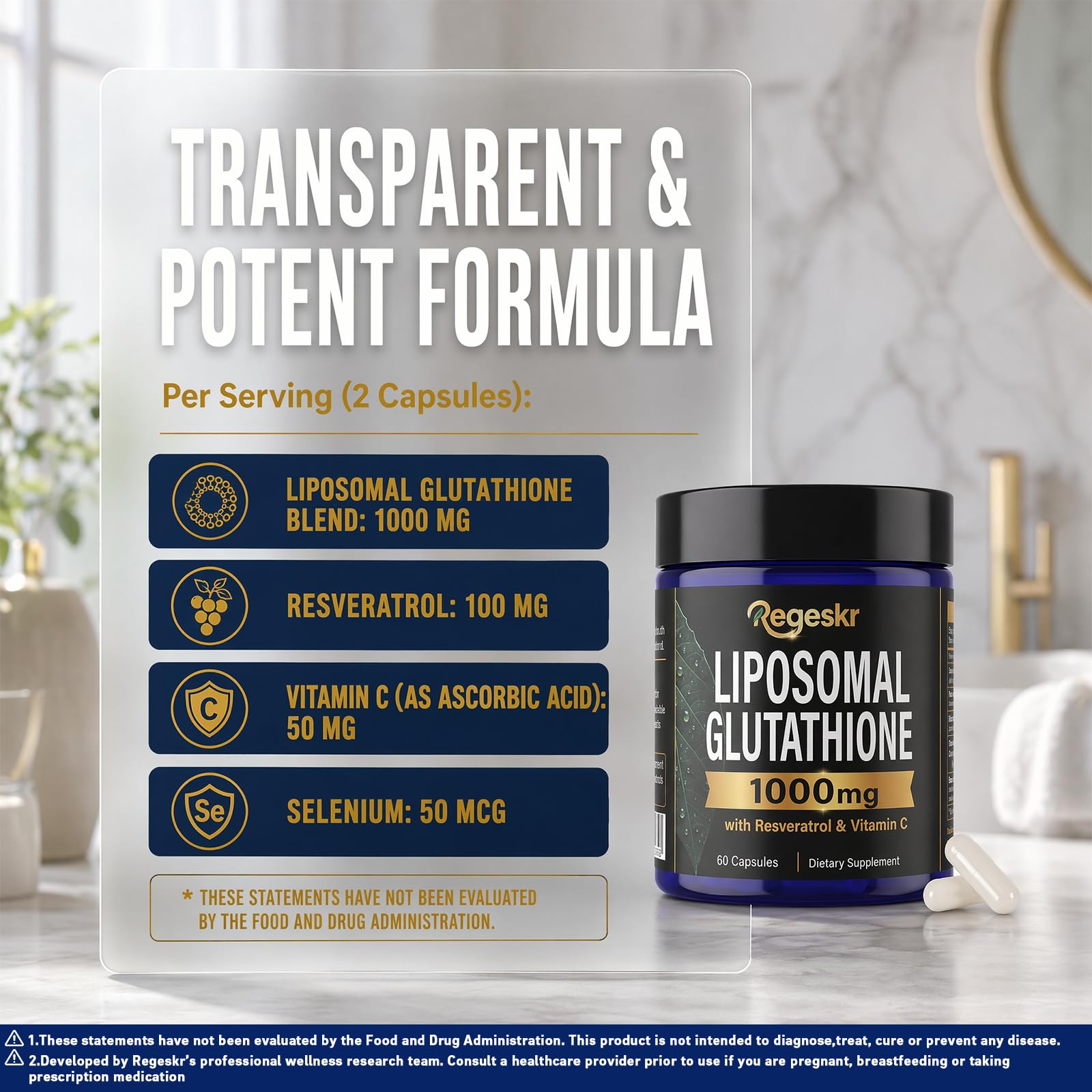 Pure Reduced Liposomal Glutathione Supplement, Handcrafted 1000mg Glutathione Blend with Resveratrol & Vitamin C, Physicians Choice，Liver & Immune Wellness Support, 1 Bottle (60 Capsules) — Amazon image 2